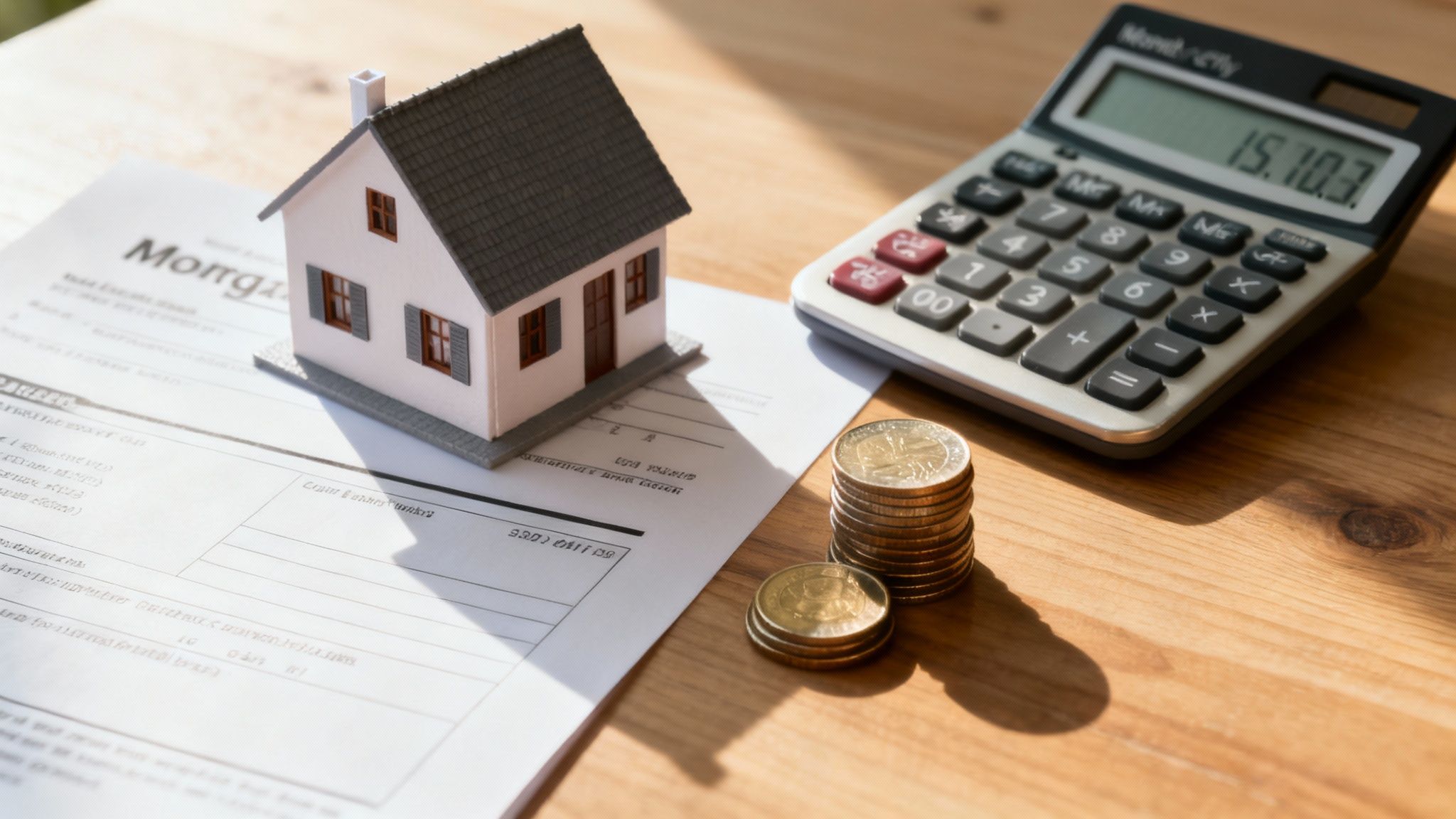 Miniature house model on mortgage documents with calculator and stacked coins for rental income calculation