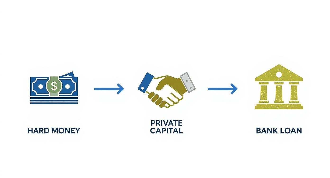 Infographic showing the progression of real estate financing: hard money, private capital, then bank loan.