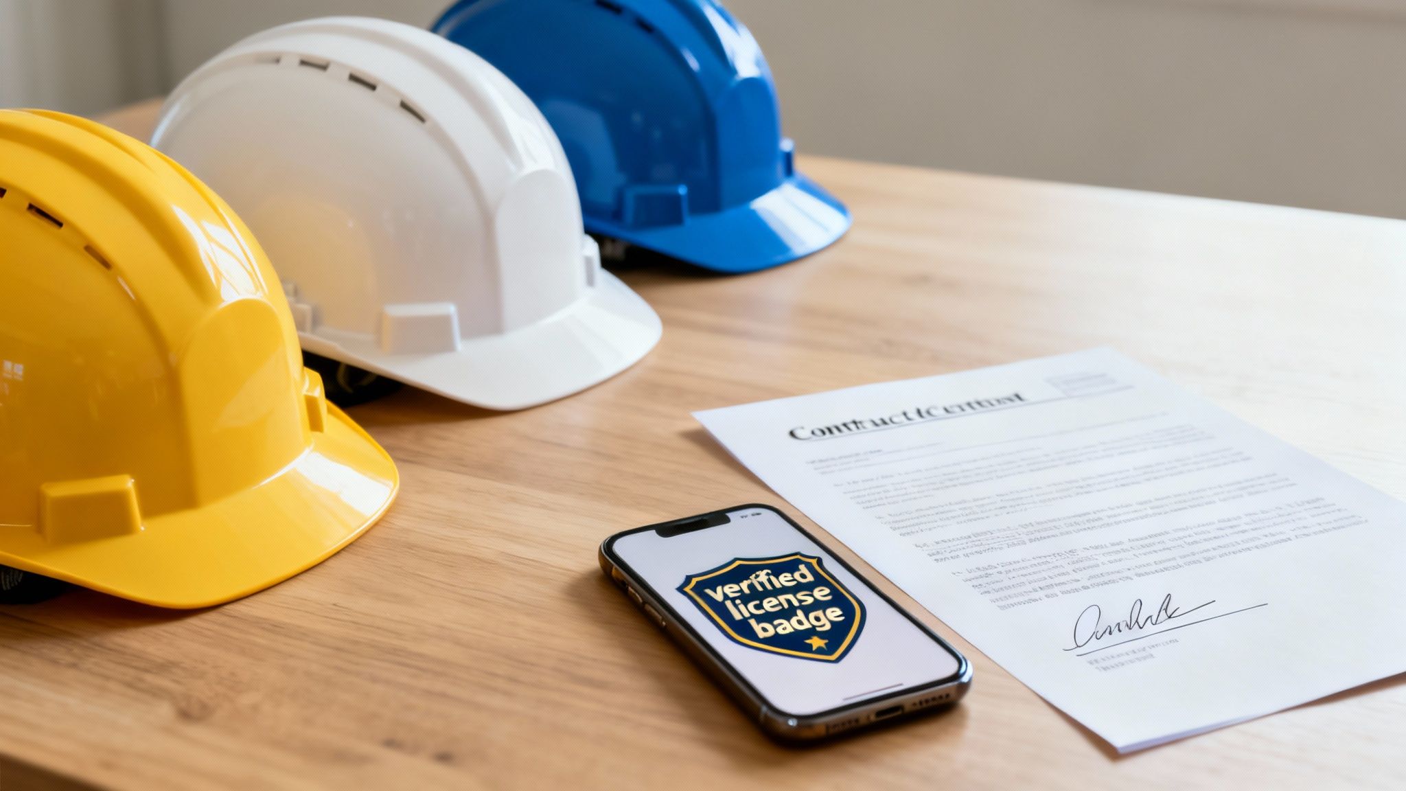 Three hard hats (yellow, white, blue), smartphone with a verified license badge, and a contract on a table.