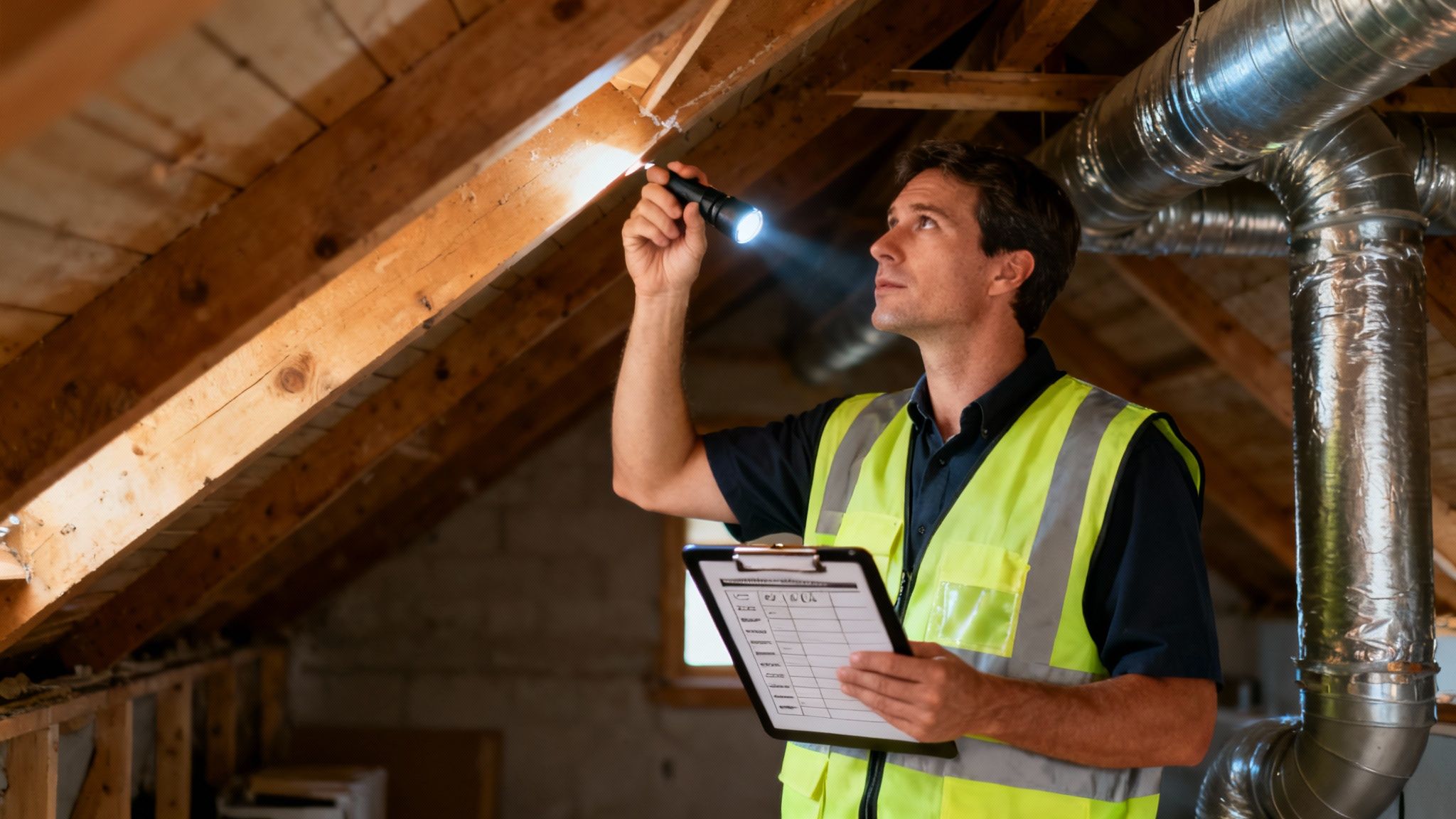 A home inspector with a clipboard examines the foundation of a house.