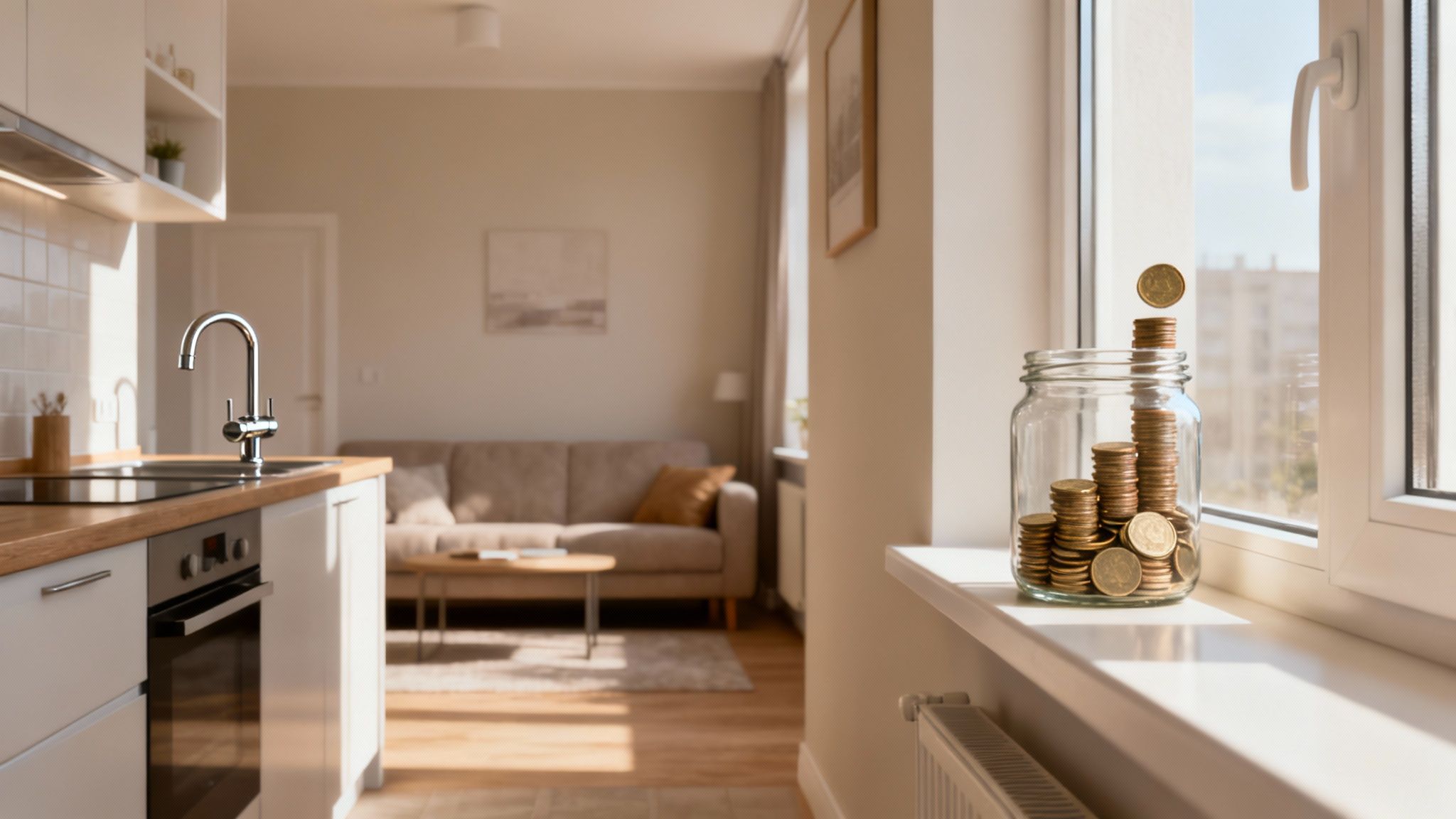 A hand holding a key in front of a modern house