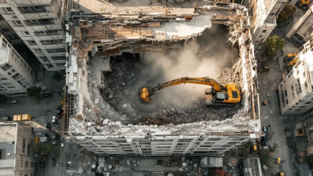 A contractor and an investor reviewing a demolition quote on a clipboard at a construction site
