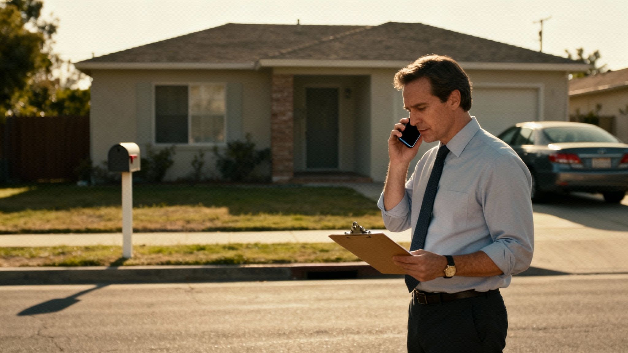 Businessman on phone with clipboard inspects a house in a sunny residential neighborhood.