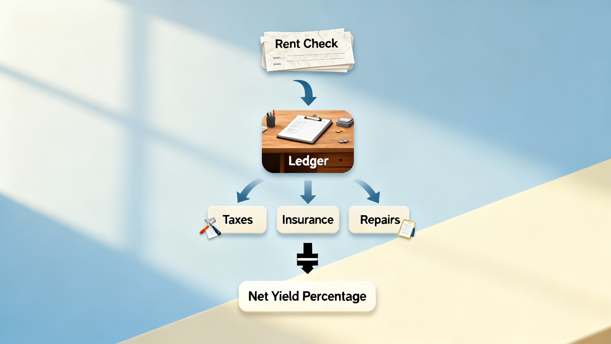 A magnifying glass hovering over a house model, with coins and a calculator nearby, symbolizing detailed financial analysis.