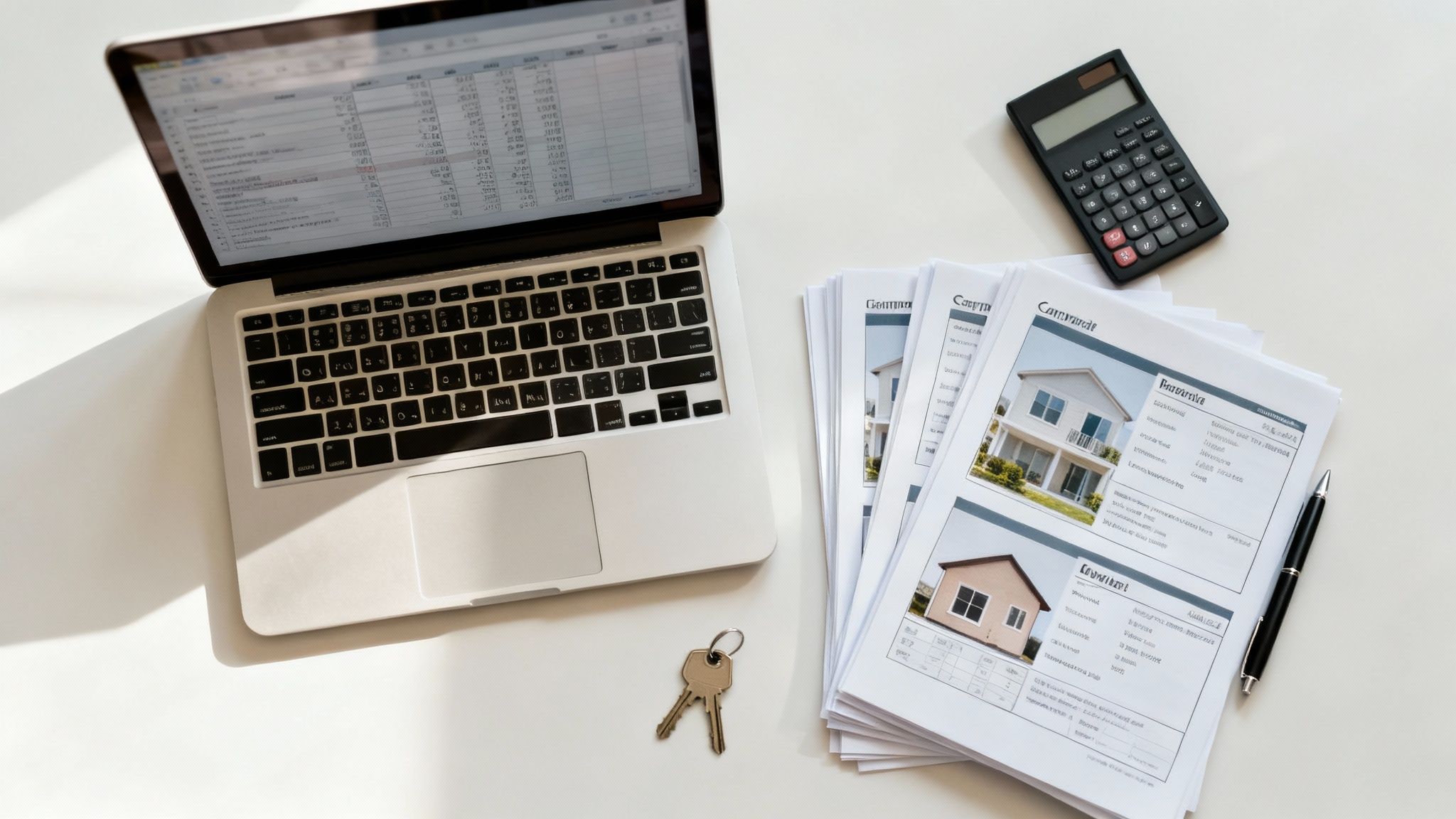 Flat lay of a real estate agent's desk with a laptop, property listings, calculator, pen, and house keys, suggesting property analysis.