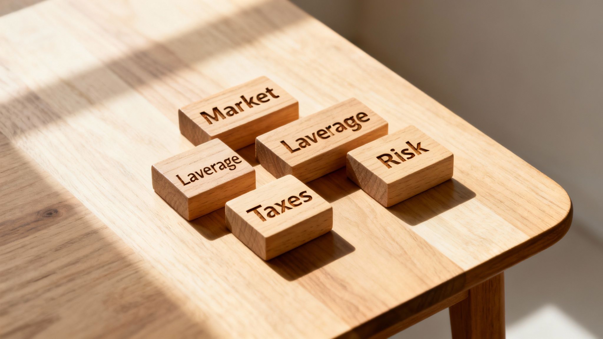 Wooden blocks spelling out 'Market,' 'Laverage,' 'Risk,' and 'Taxes' on a wooden table.
