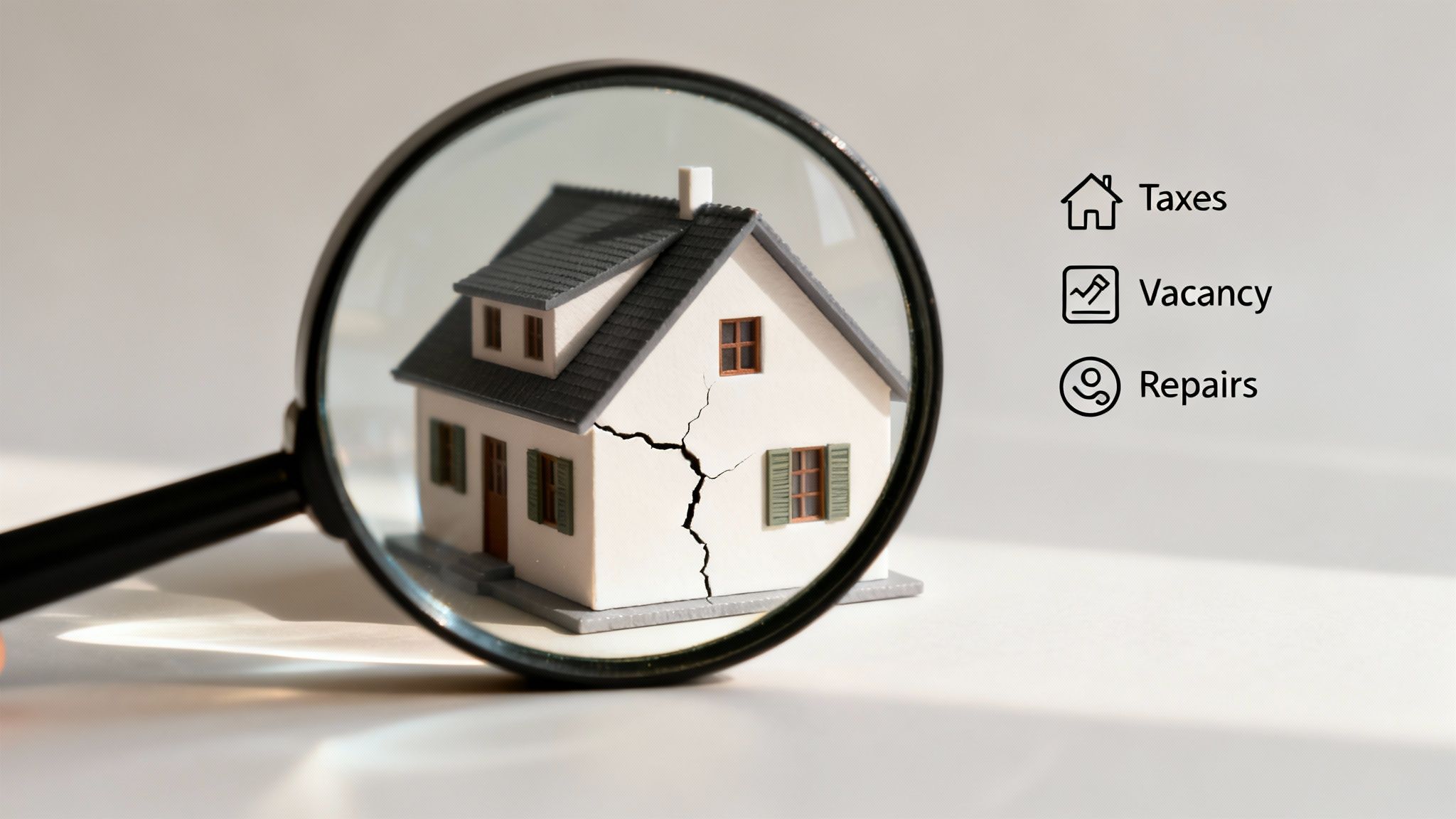 A magnifying glass reveals a crack in a miniature house, next to icons for taxes, vacancy, and repairs.