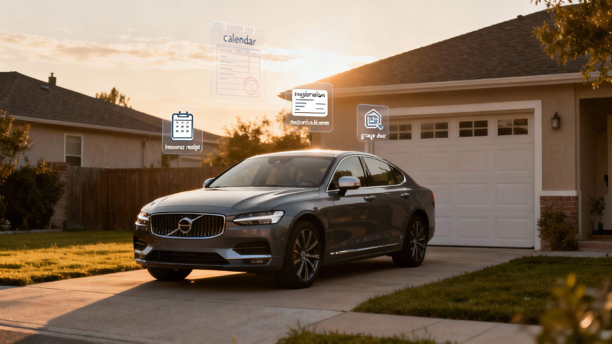 Smart car parked in front of a house at sunset, displaying digital document icons.