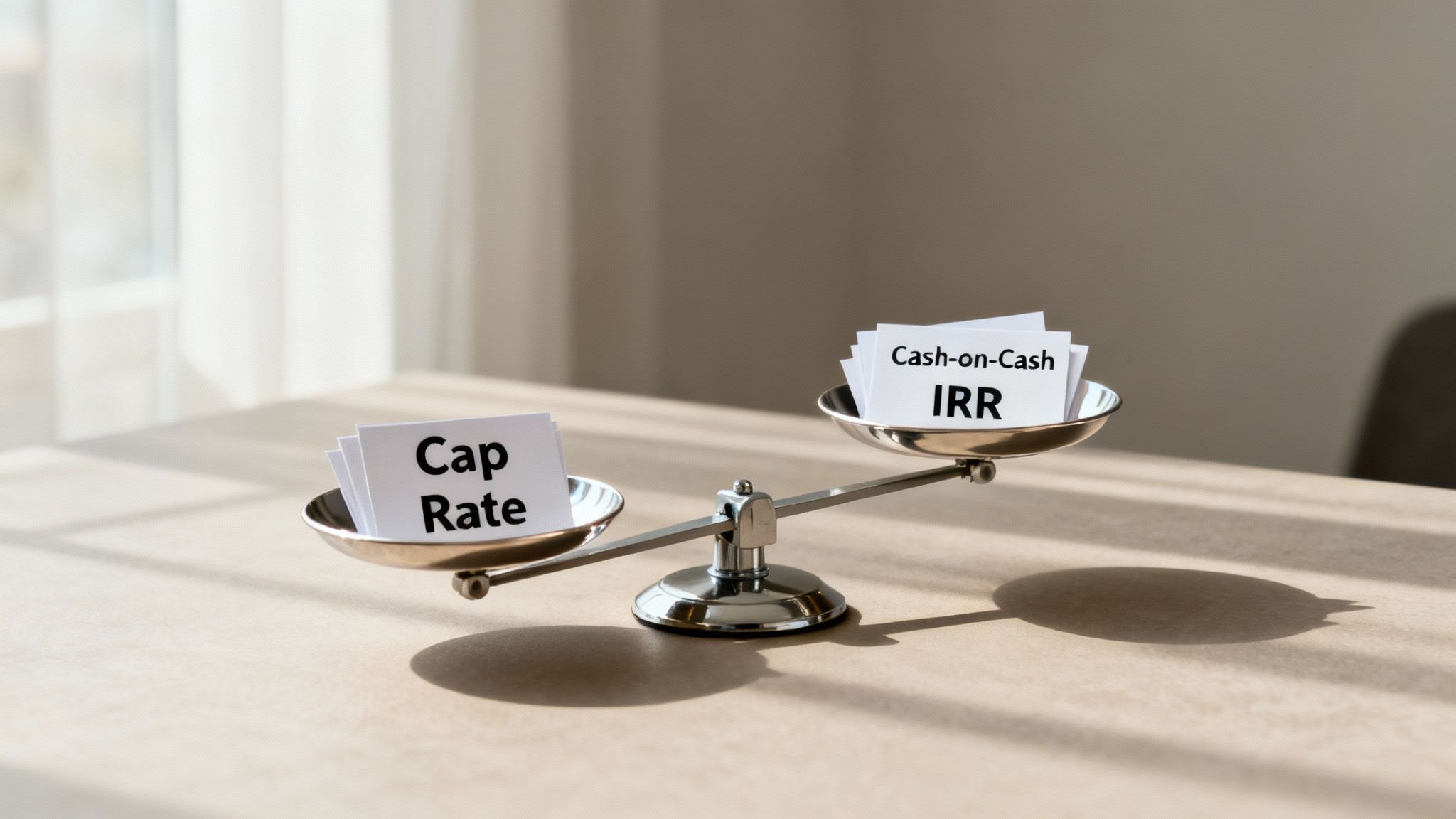 A person holding a magnifying glass over a property document, indicating the need for closer inspection of financial metrics.