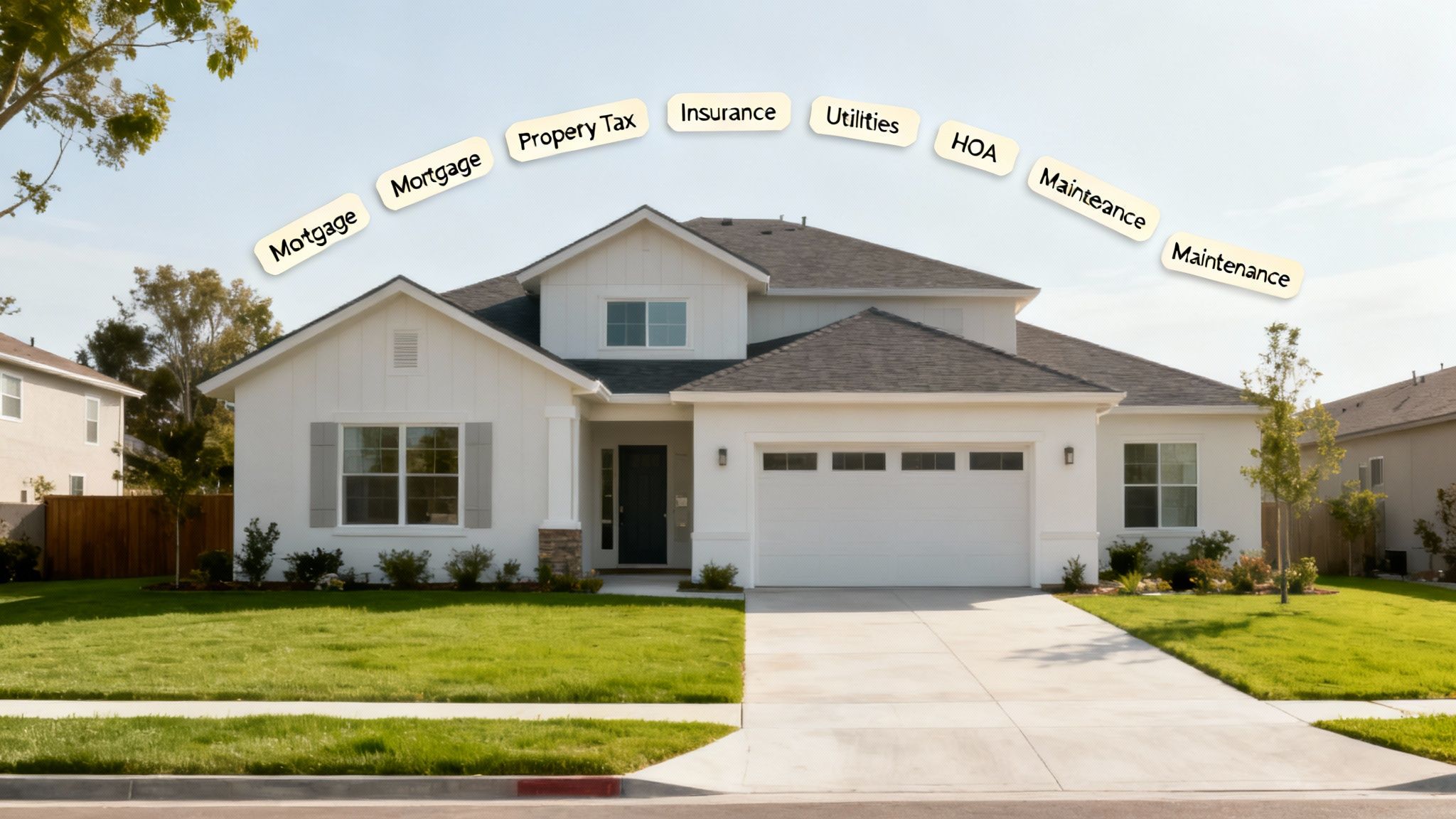 A modern white house with an arc of labels above it listing homeownership costs like mortgage, property tax, and insurance.