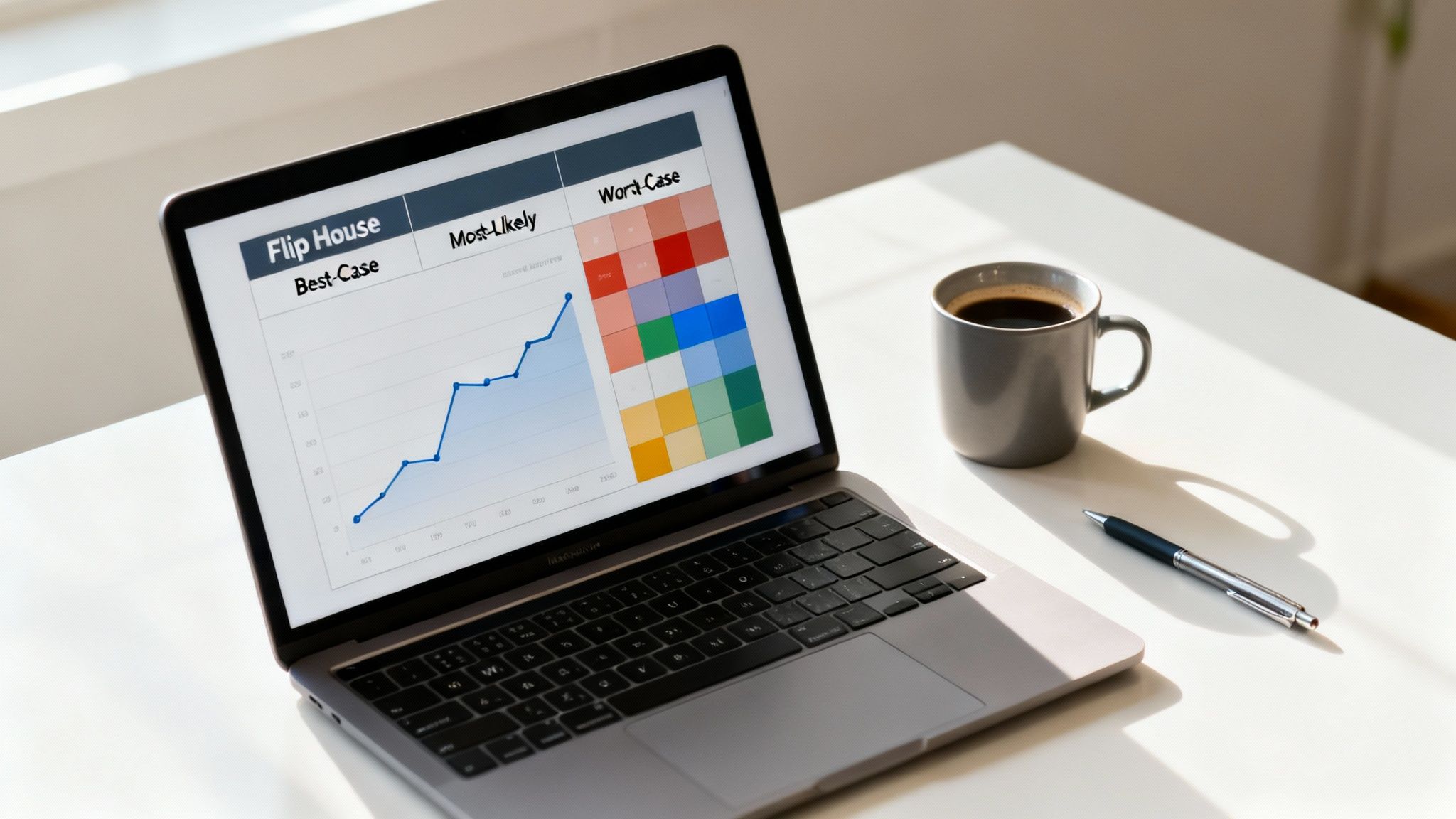 A laptop displays a 'Flip House' financial spreadsheet with a line graph and color-coded risk assessment.