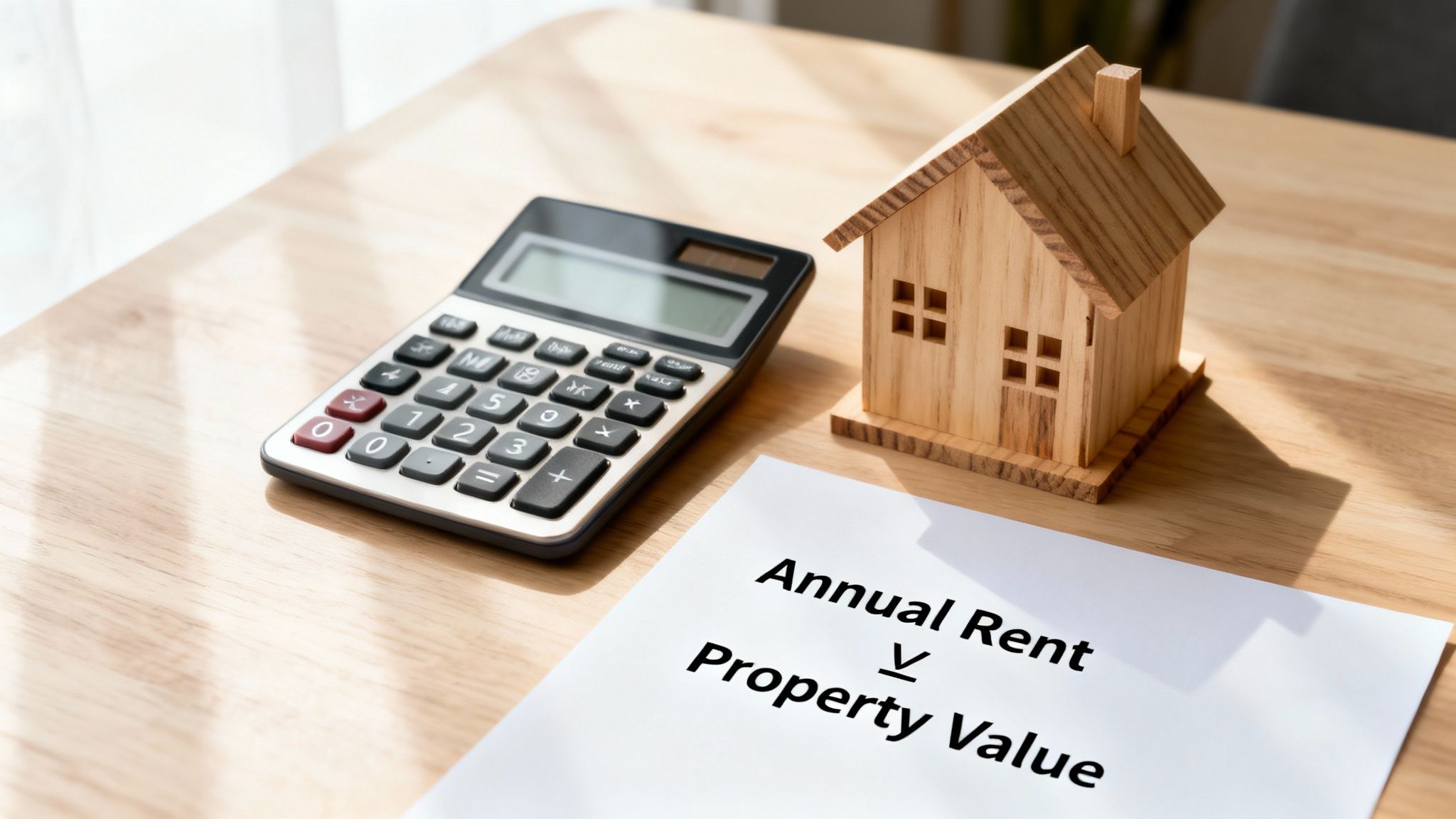 A calculator, a wooden house model, and a document displaying 