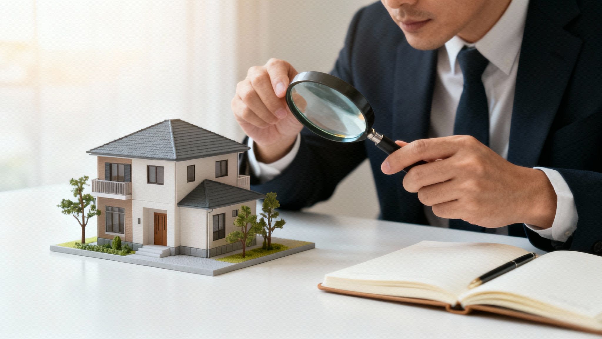 A person using a laptop to analyze charts and data for a real estate investment, with a blurred background of a modern building.