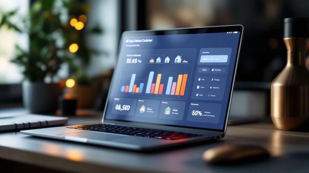 A person using a calculator and laptop to analyze real estate charts and graphs