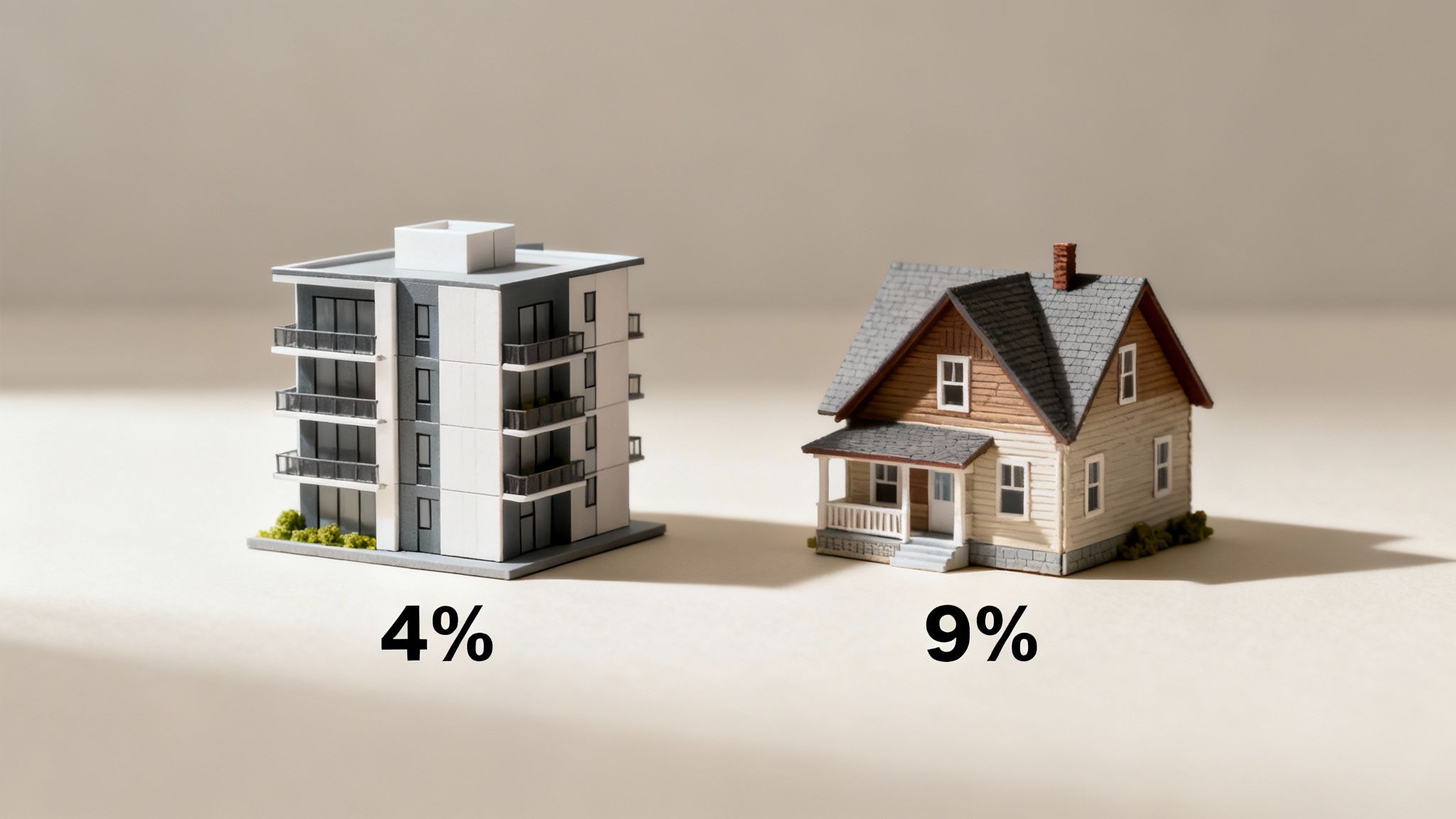 A row of diverse rental houses under a blue sky, symbolizing different investment opportunities.