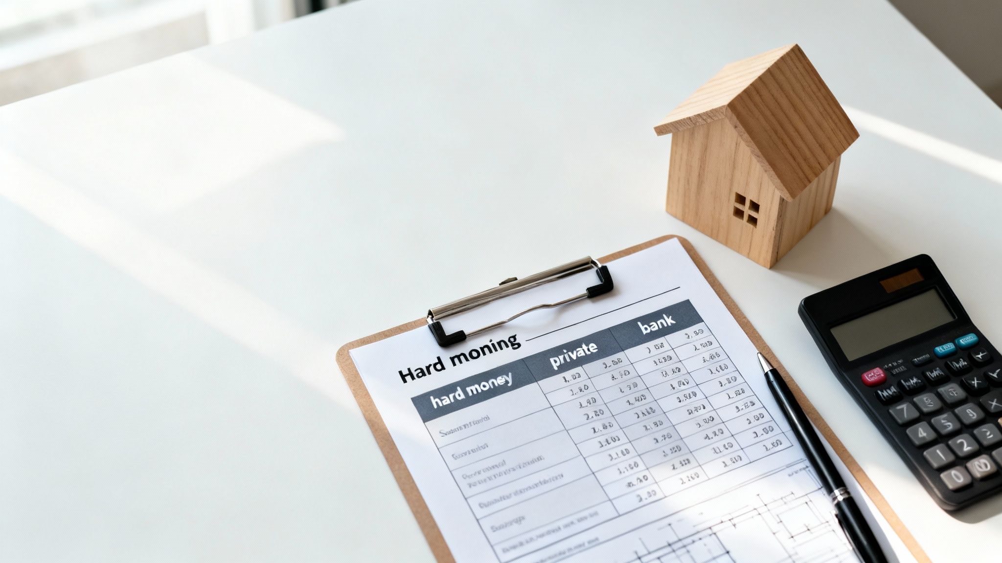 A wooden house model, calculator, pen, and financial document on a white desk, representing home financing and real estate investment.