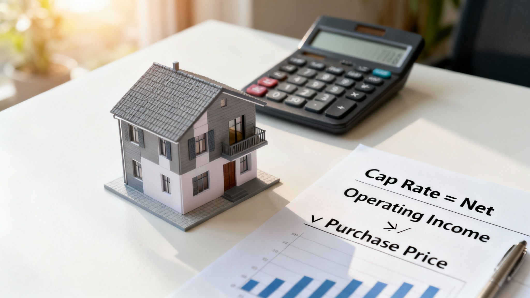 A person using a calculator with a house key and a miniature house on a desk.
