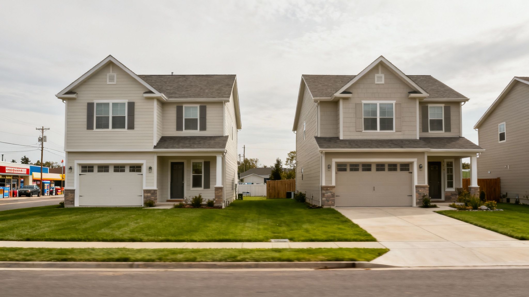 A modern house with a green lawn and trees in the background.