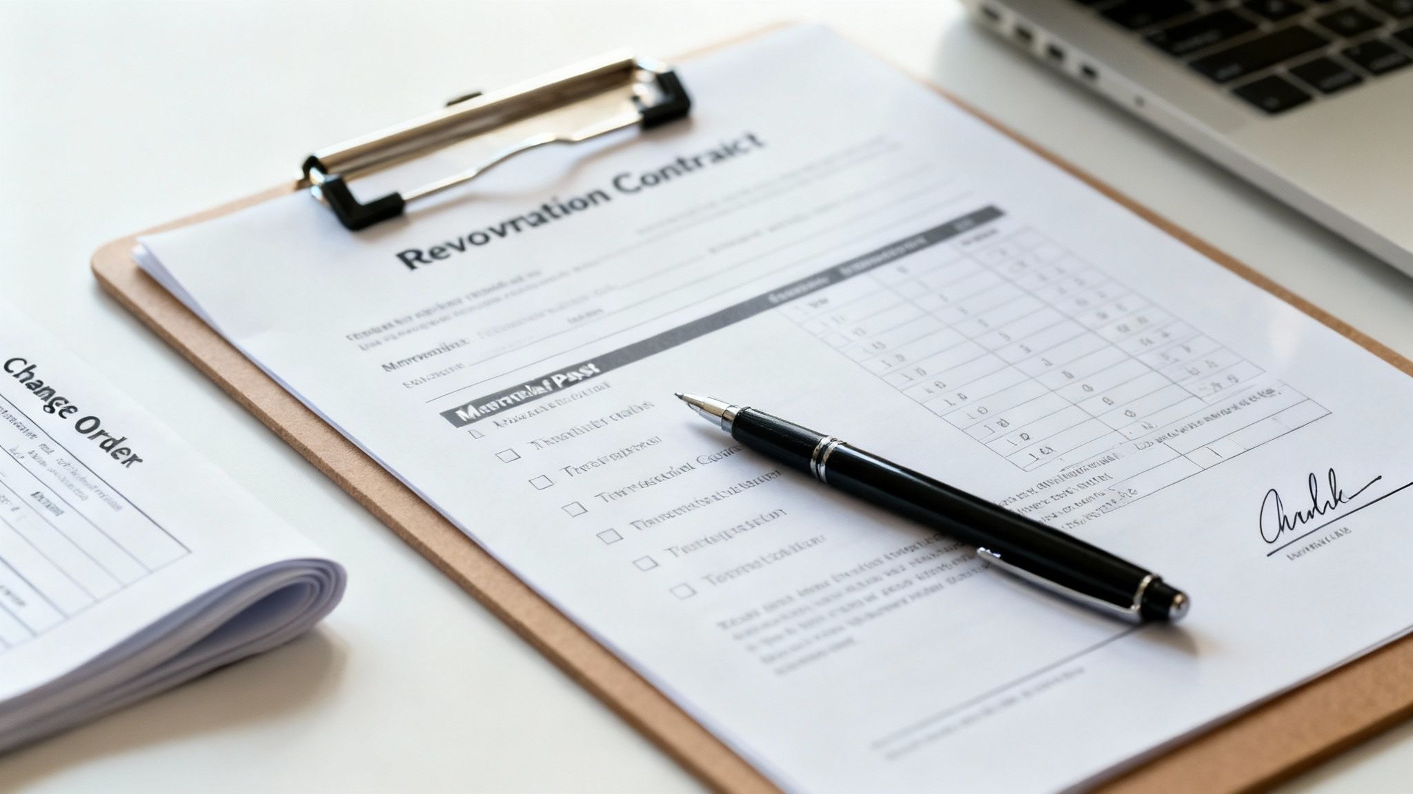 A renovation contract document on a clipboard with a pen, next to change orders and a laptop.