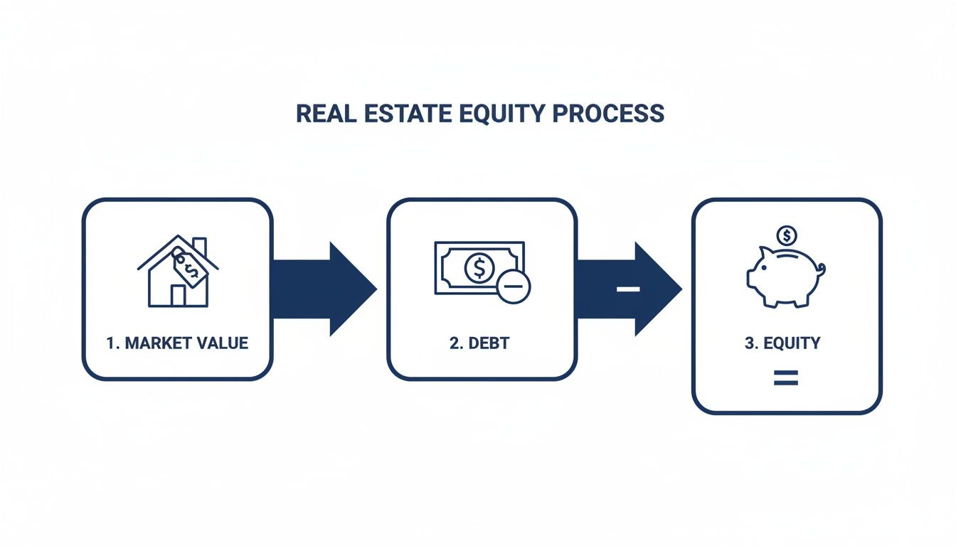 A flowchart illustrates the real estate equity process: Market Value minus Debt equals Equity, depicted with icons.