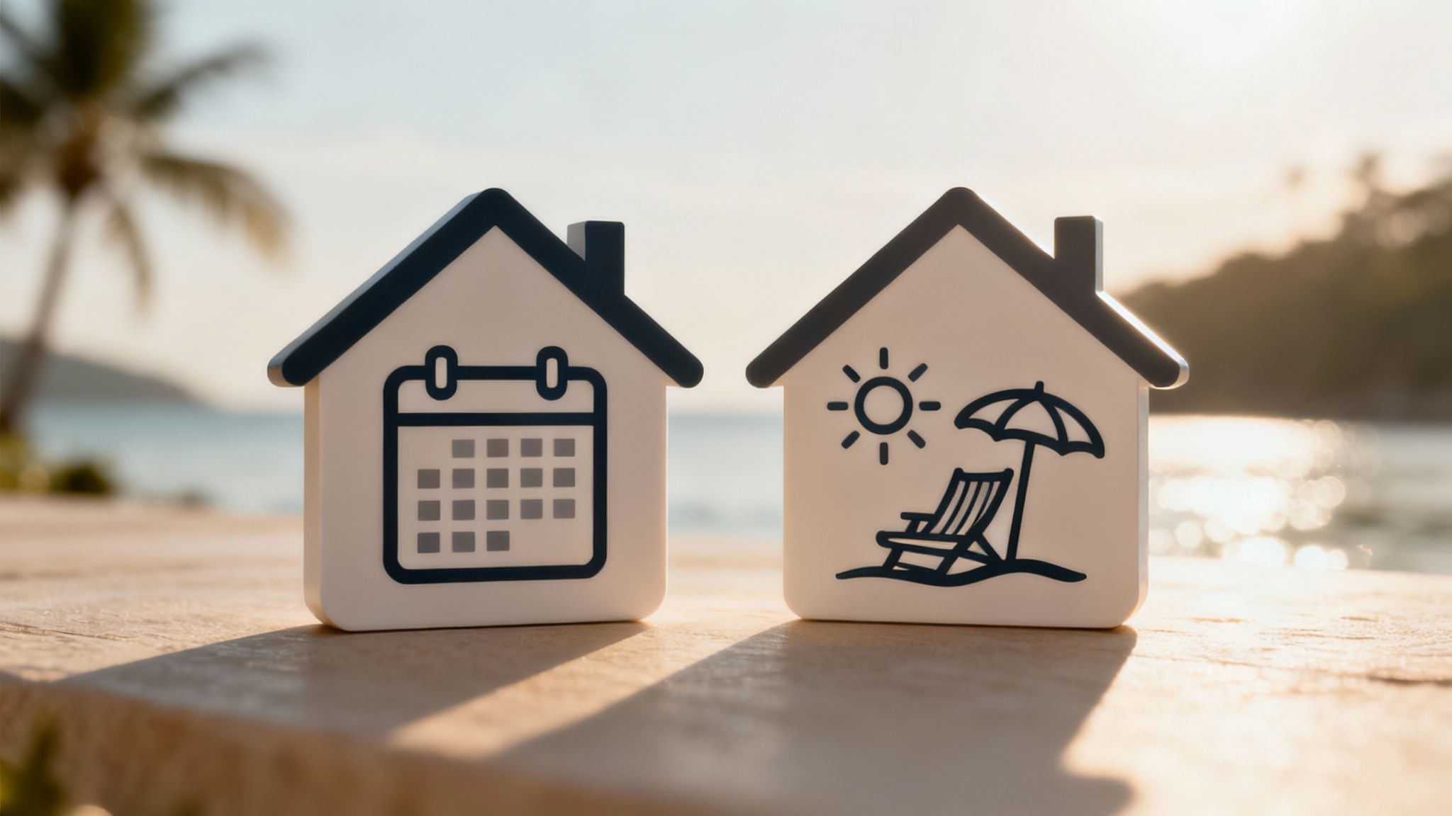 A split-screen image showing a traditional long-term rental home on one side and a modern short-term vacation rental on the other