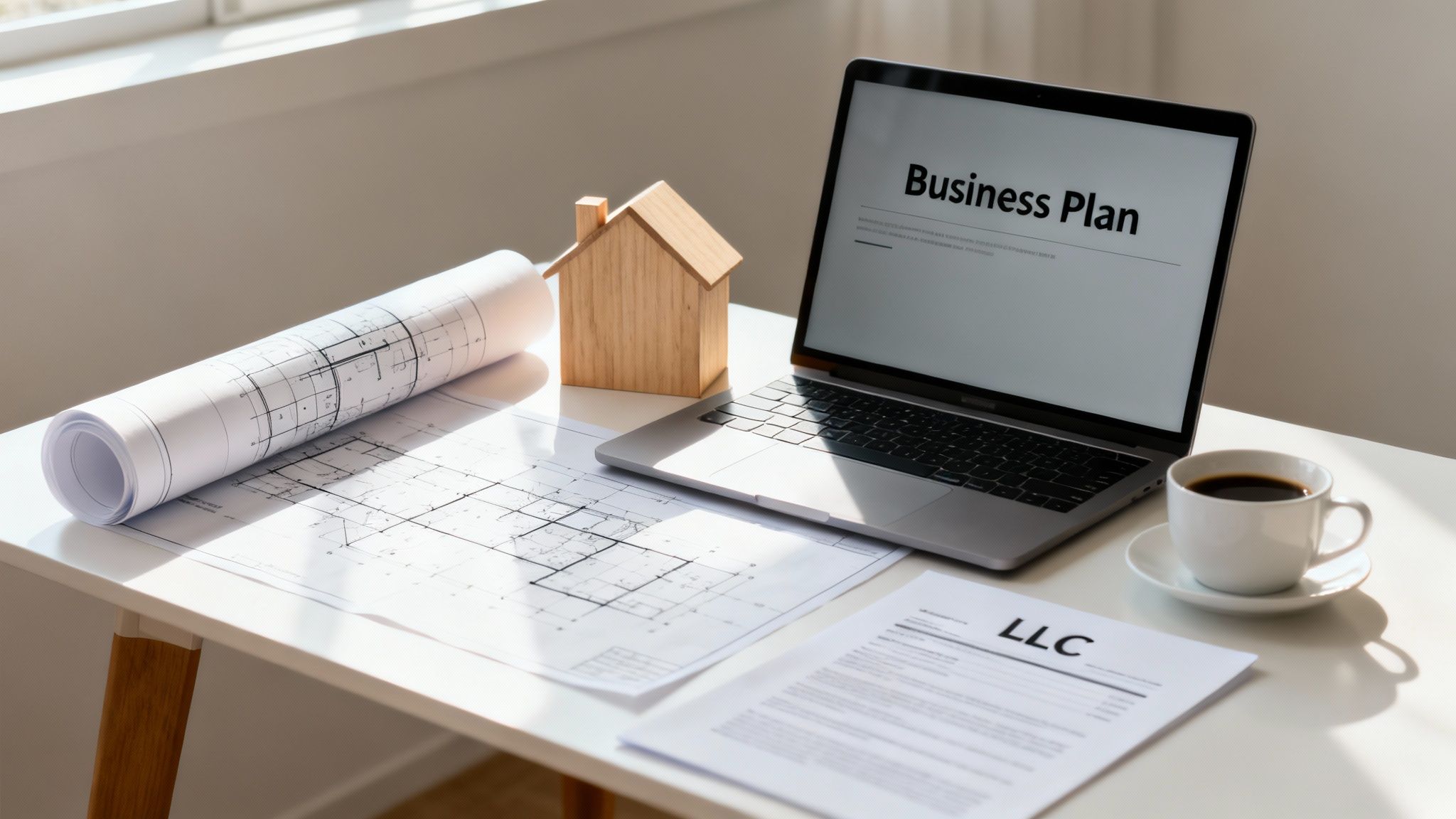 A home business desk with a laptop displaying a business plan, blueprints, a house model, and LLC documents.
