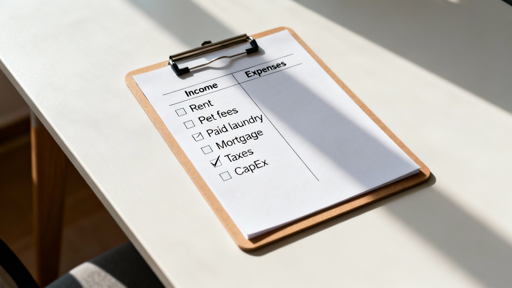 An expense checklist on a clipboard with 'Paid laundry' and 'Taxes' checked, symbolizing financial planning.
