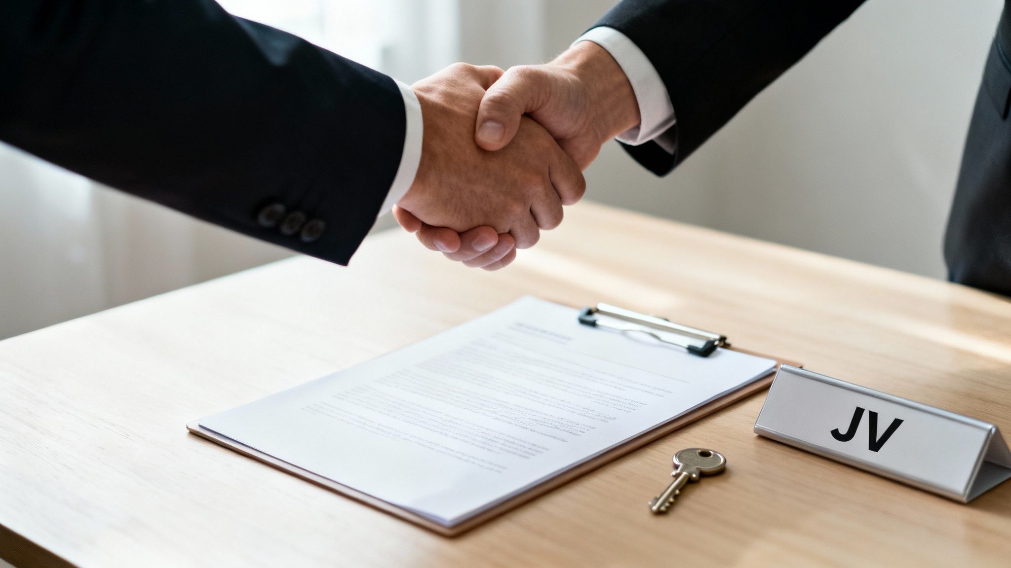 Business partners shaking hands over a contract with a key and 'JV' nameplate.