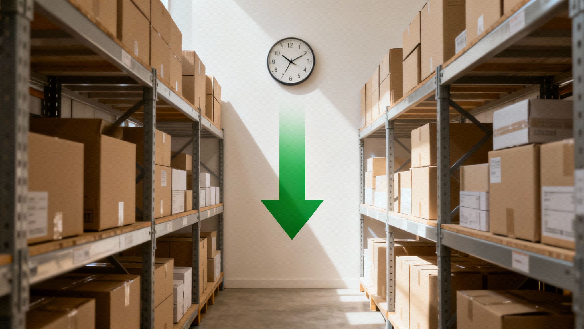 Warehouse aisle with neatly organized shelves, symbolizing efficient inventory management.
