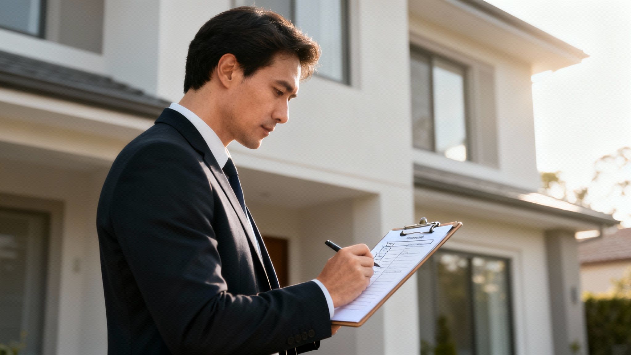 A person inspecting the exterior of a house, representing property due diligence