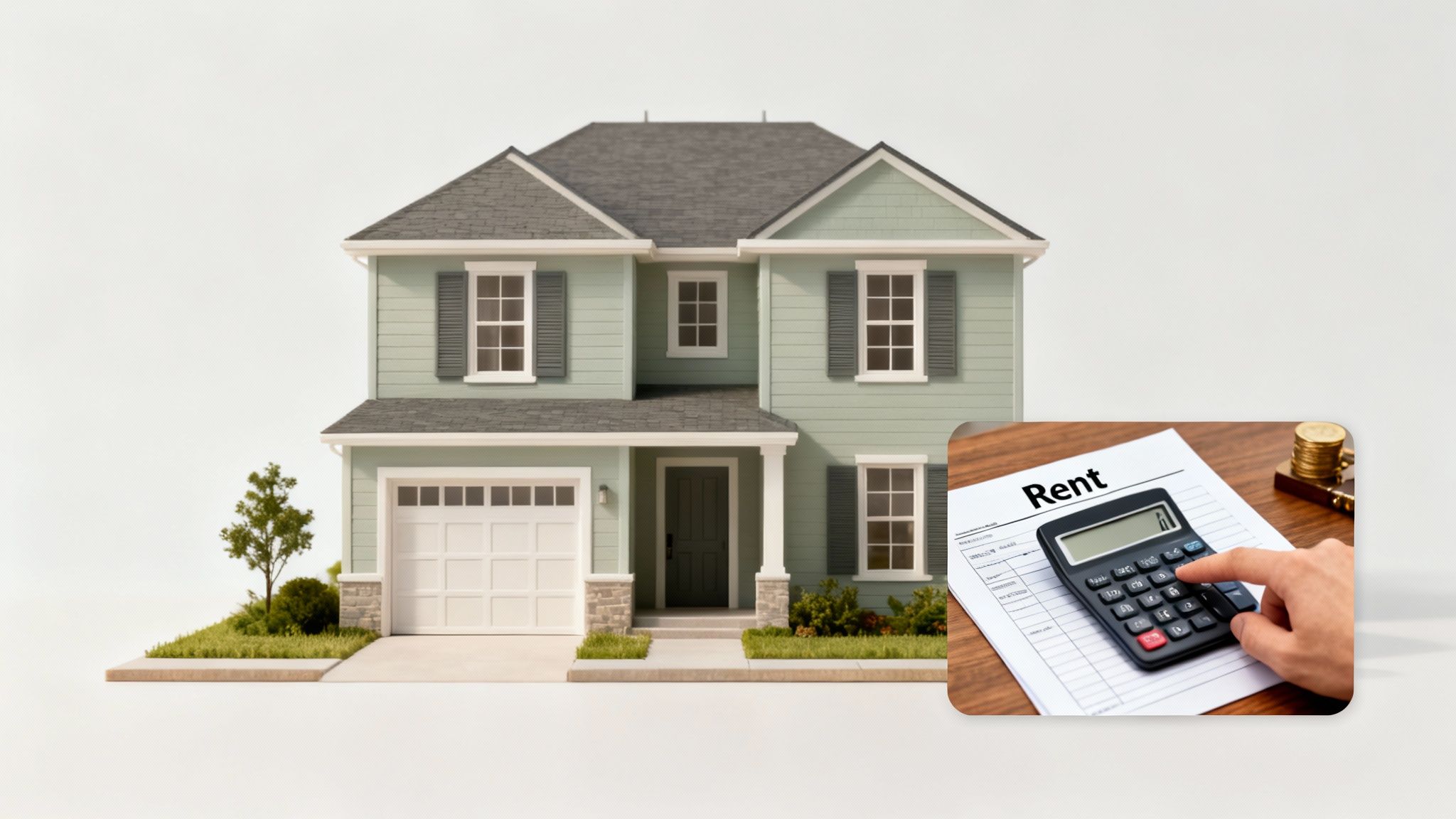 A model house with a green facade, accompanied by an inset showing a calculator on a rent document.