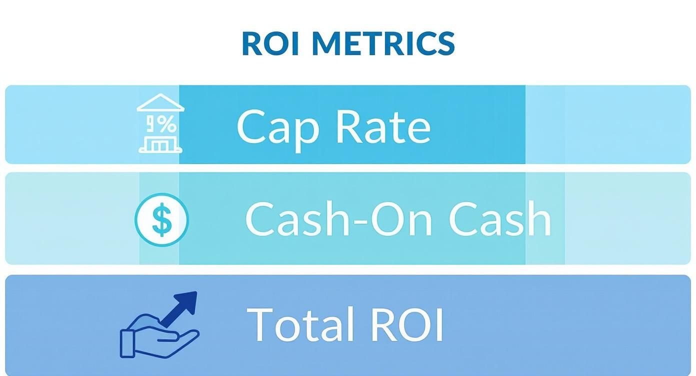 A clear visual breakdown of key ROI metrics: Cap Rate, Cash-On-Cash, and Total ROI.