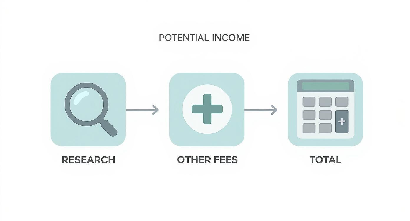 Flowchart showing potential income calculation by adding research fees and other fees to get total