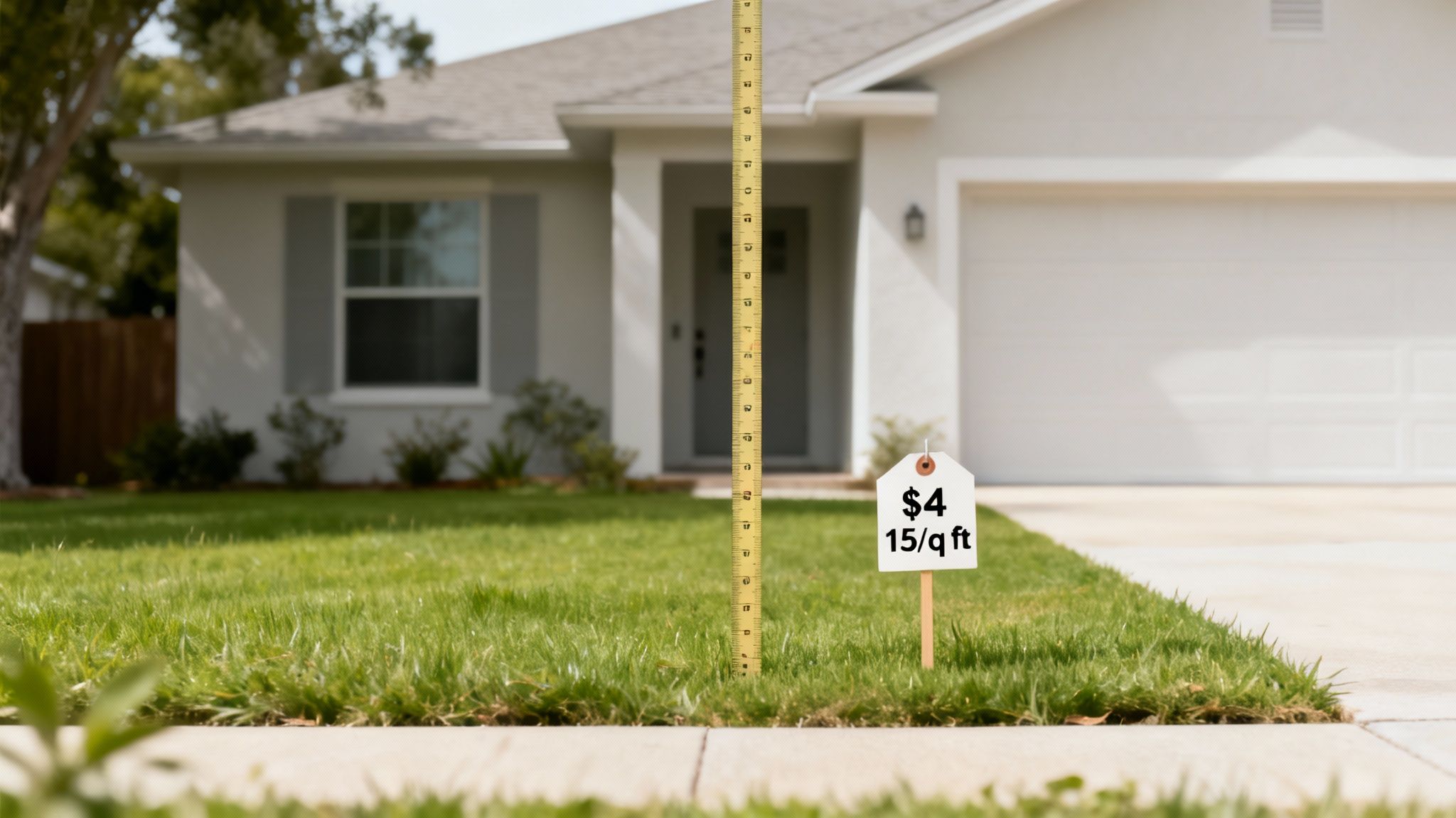 Measuring tape and price sign in a vibrant green lawn before a modern home.