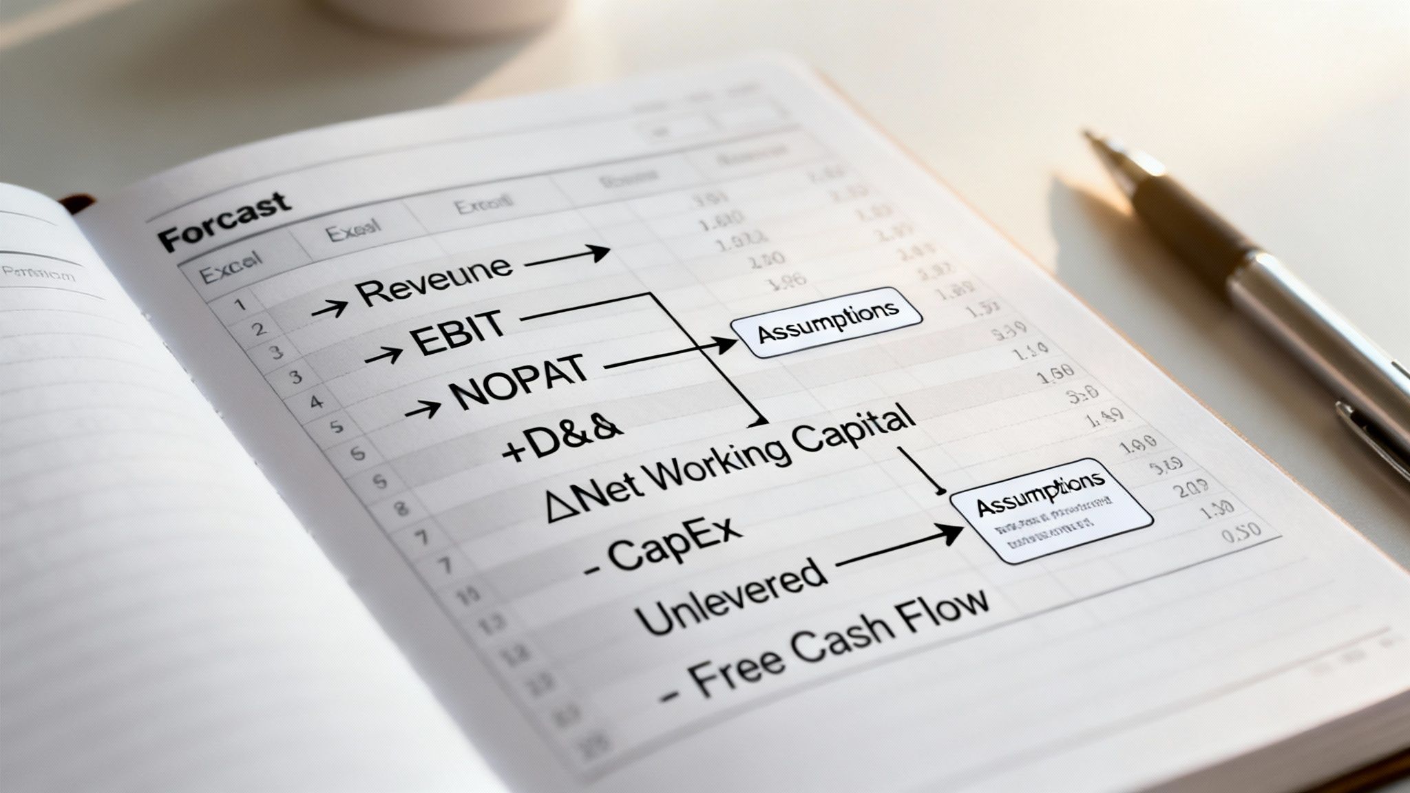 Close-up of a financial forecast model showing steps to calculate free cash flow with assumptions.