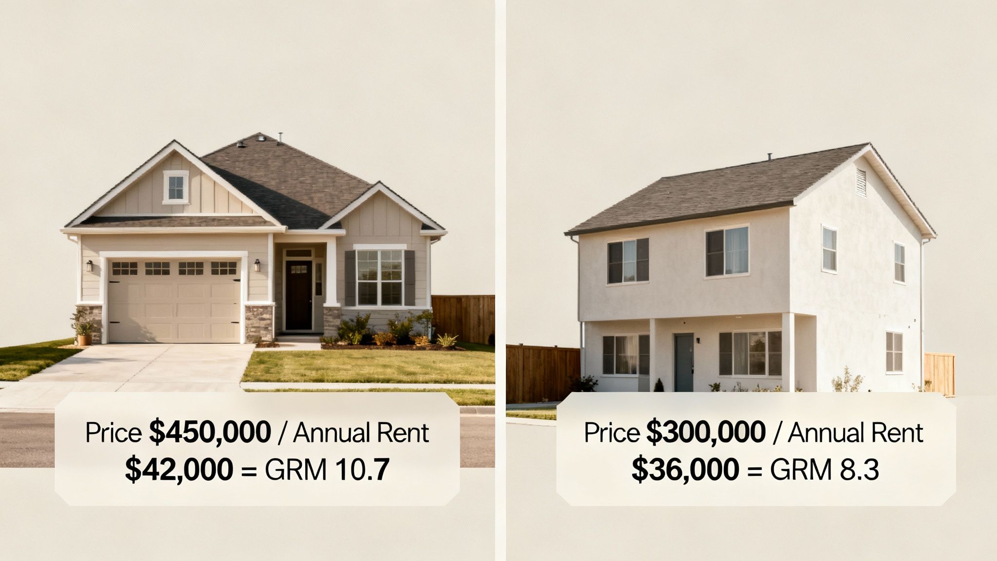 Two houses displaying their price, annual rent, and Gross Rent Multiplier (GRM) for comparison.