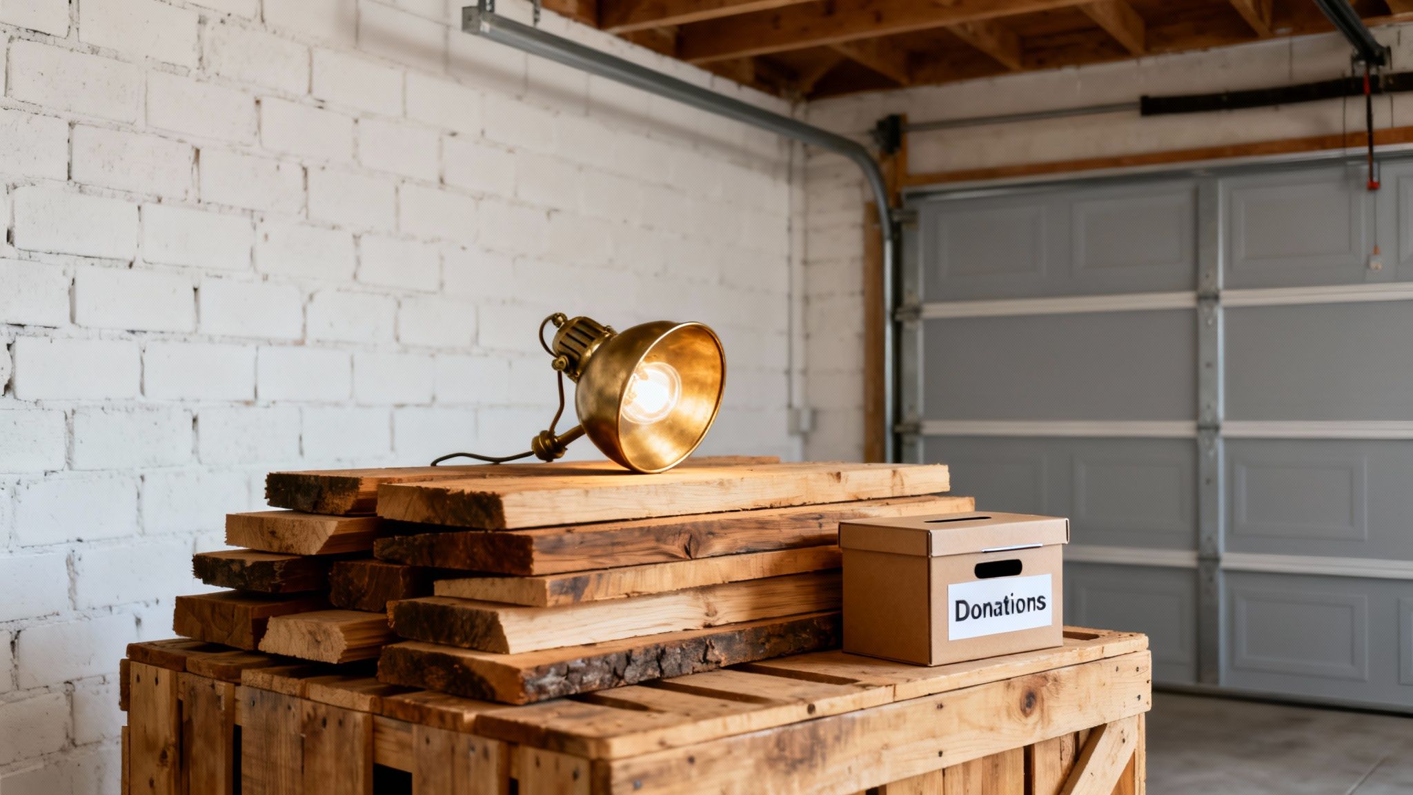 A lit vintage brass lamp and a donations box sit on stacked wooden planks in a garage.
