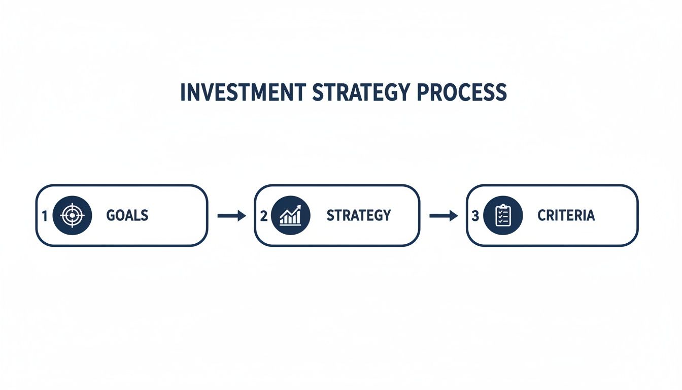 A three-step diagram outlines the investment strategy process: Goals, Strategy, and Criteria.