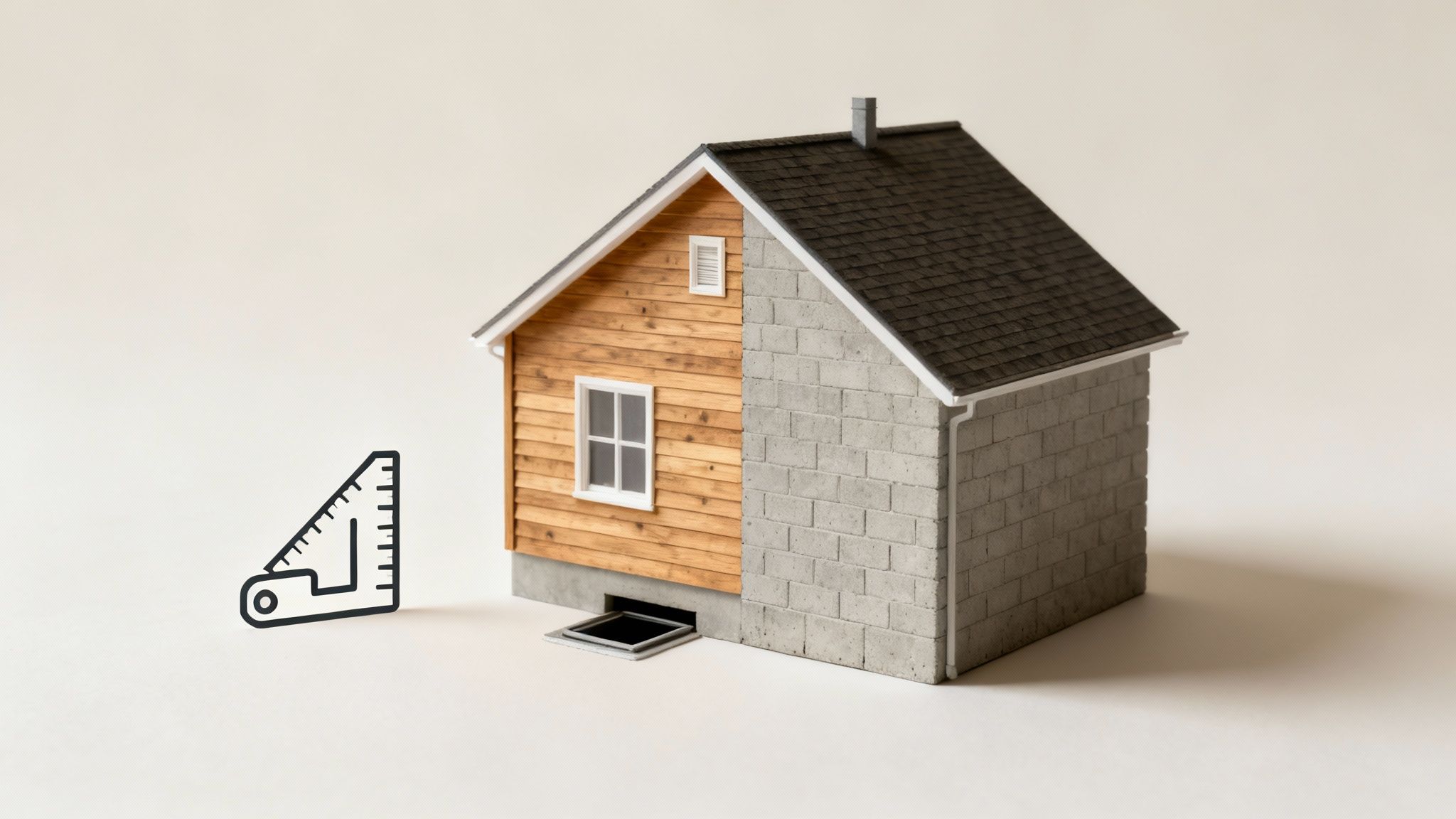 Miniature house model with measuring tape icon representing construction cost estimation and demolition planning