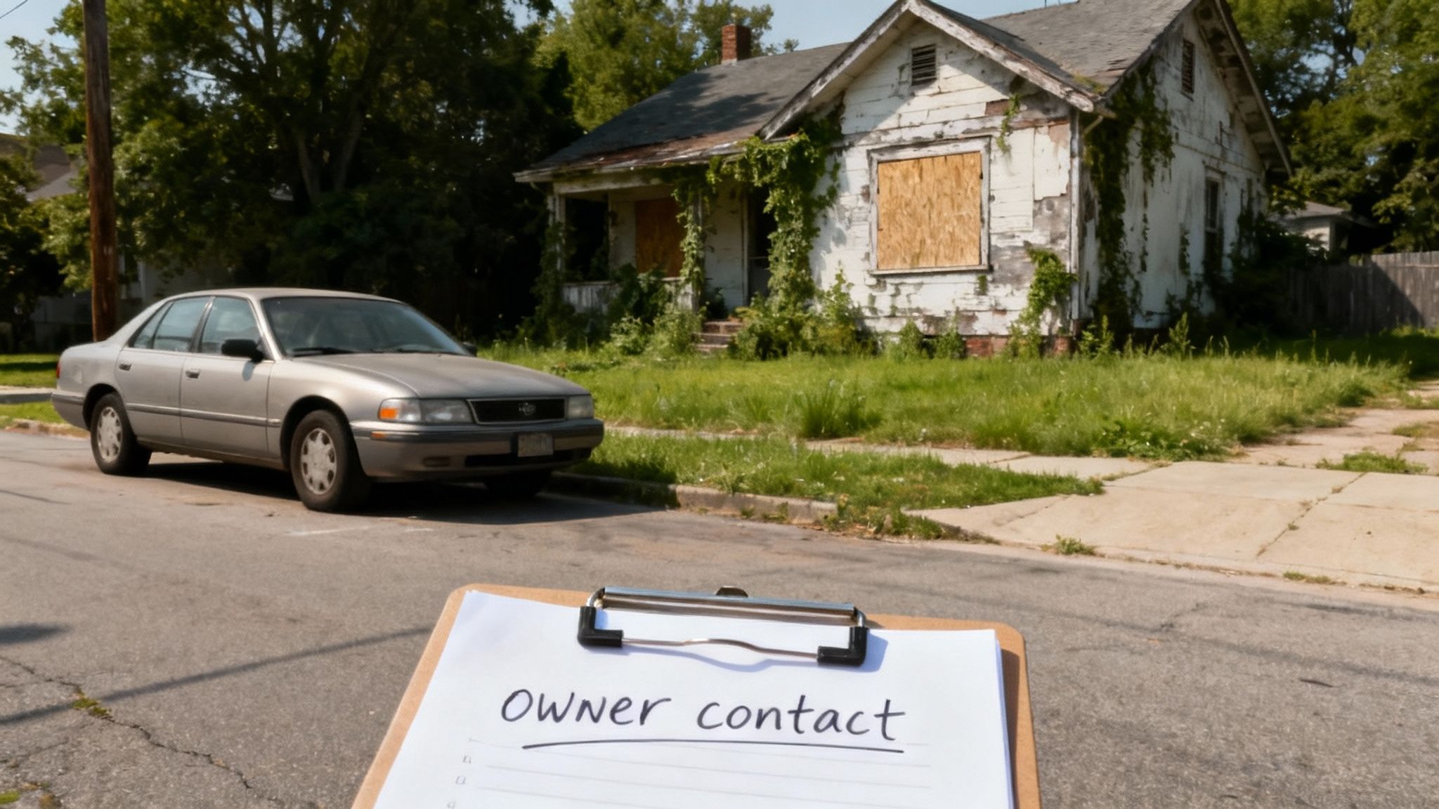 A clipboard with 'Owner contact' in front of a distressed, boarded-up house and parked car.