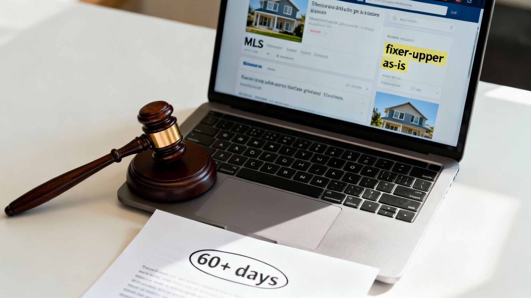 Laptop displaying real estate listings with 'fixer-upper' and 'as-is', a gavel, and '60+ days' document.