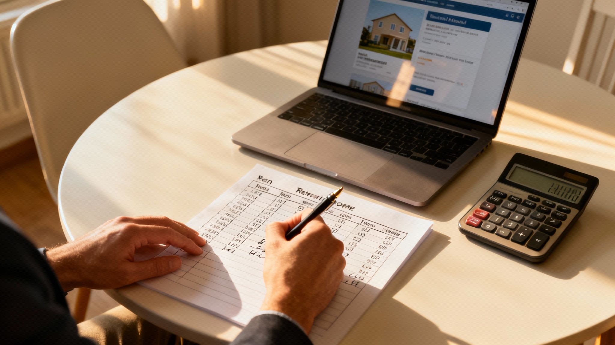 Person calculating rental property income with spreadsheet, laptop showing real estate listing, and calculator
