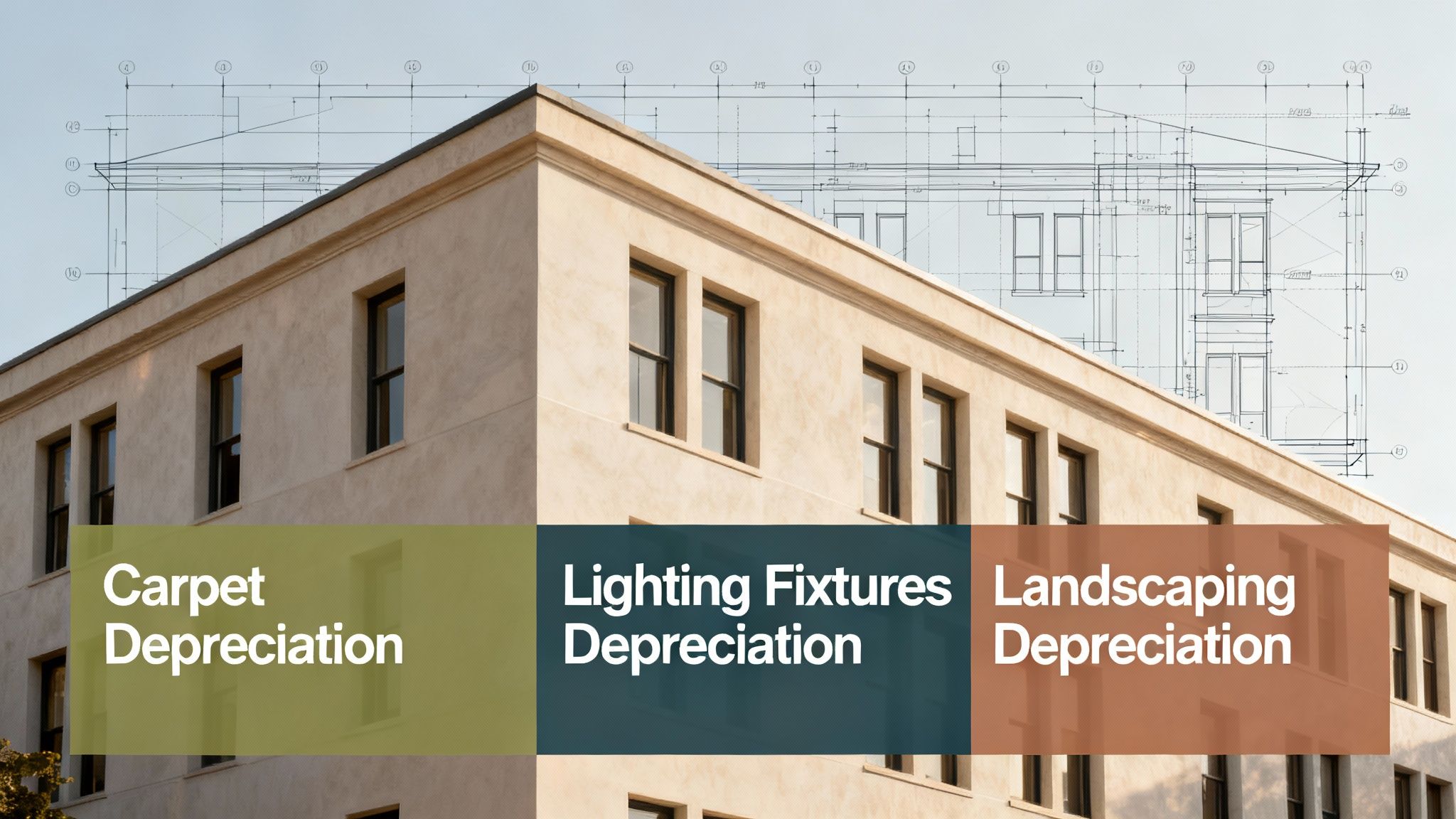 Diagram showing how a building is broken down into different components with varying depreciation schedules, from the 39-year building structure to 15-year land improvements and 5-year personal property.