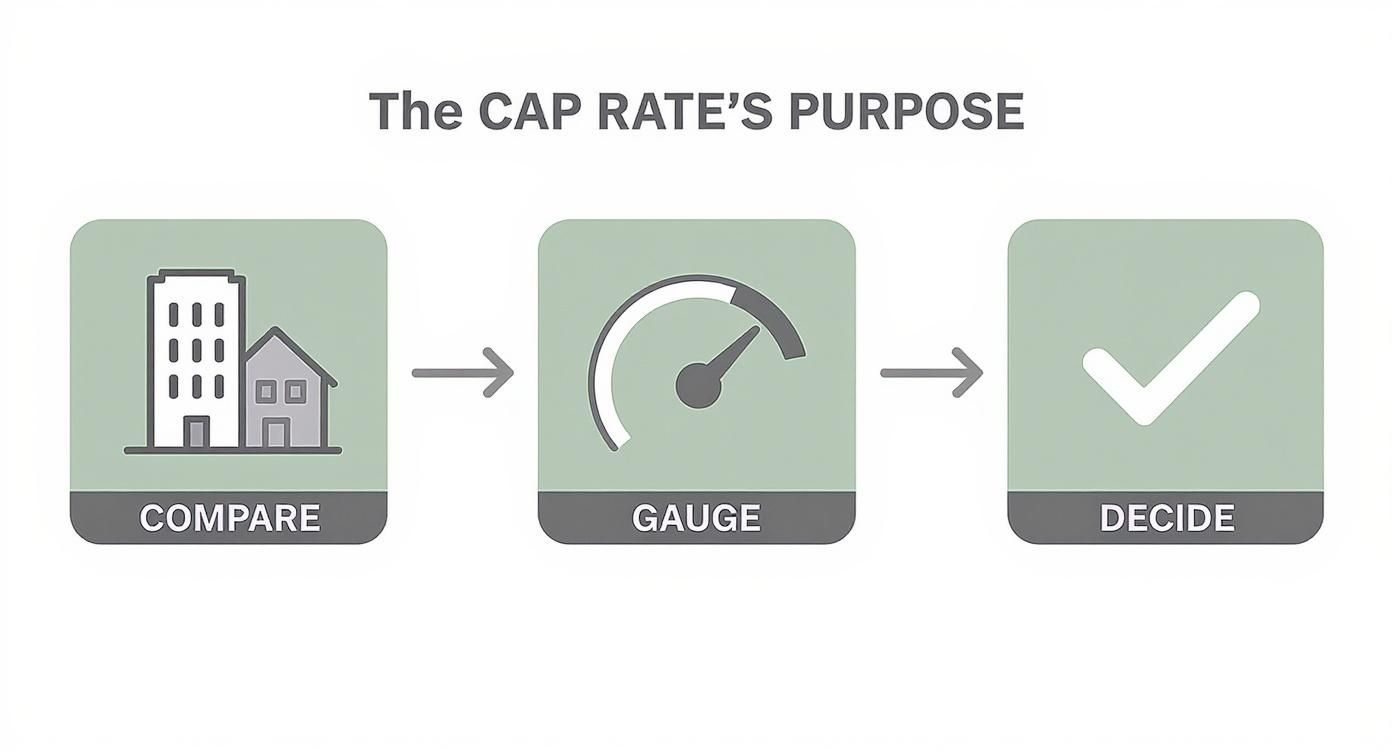 Flowchart illustrating the CAP RATE'S PURPOSE: compare properties, gauge value, and make investment decisions.