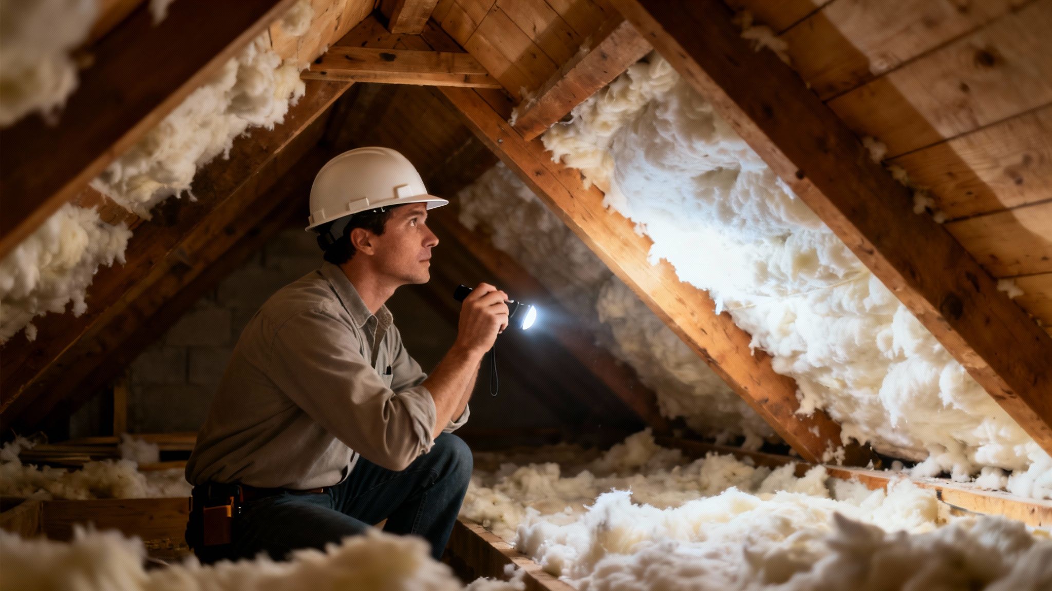 A home inspector examining the electrical panel of a house with a flashlight.