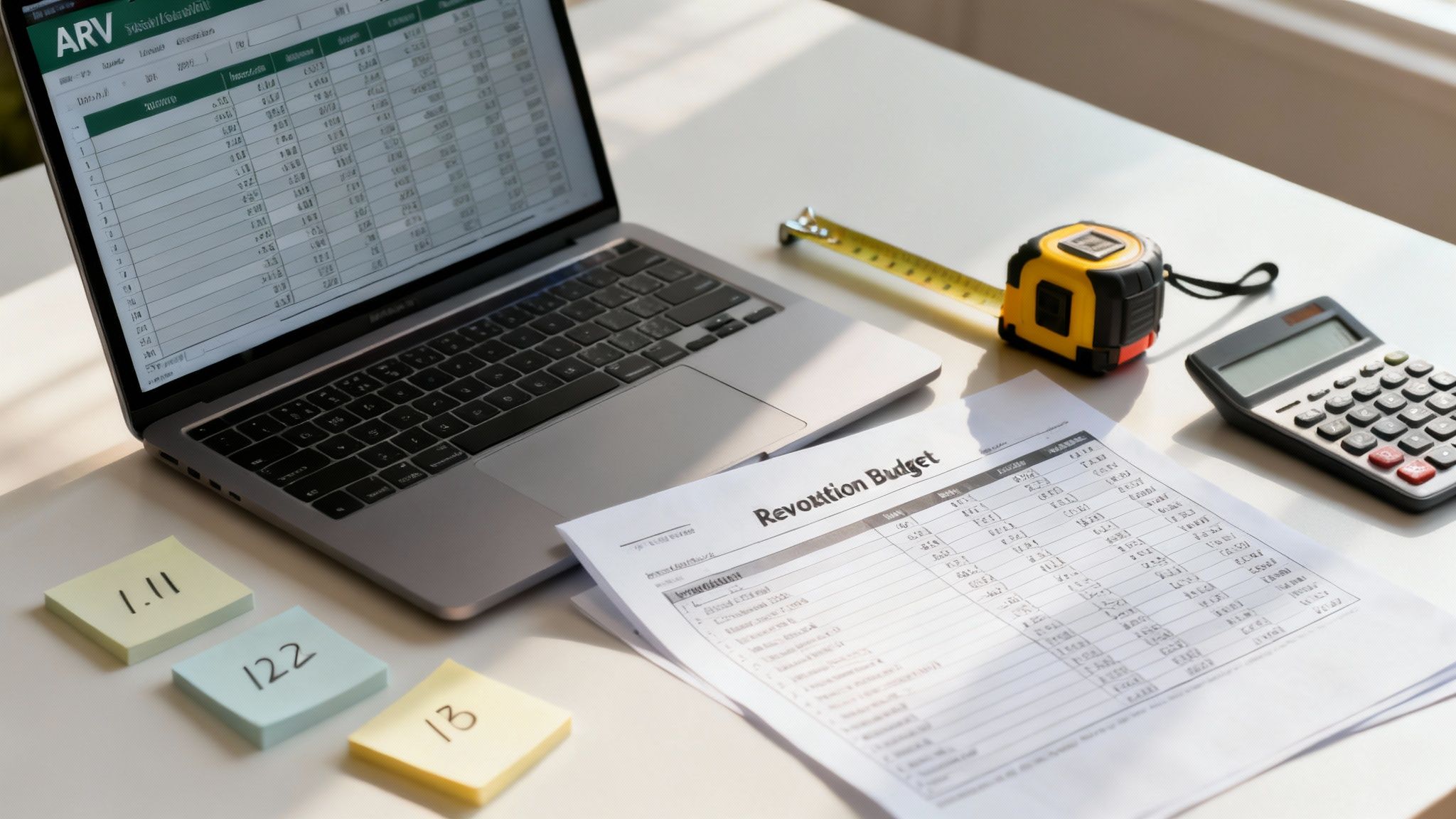 A desk with a laptop displaying a spreadsheet, a budget document, measuring tape, calculator, and sticky notes.