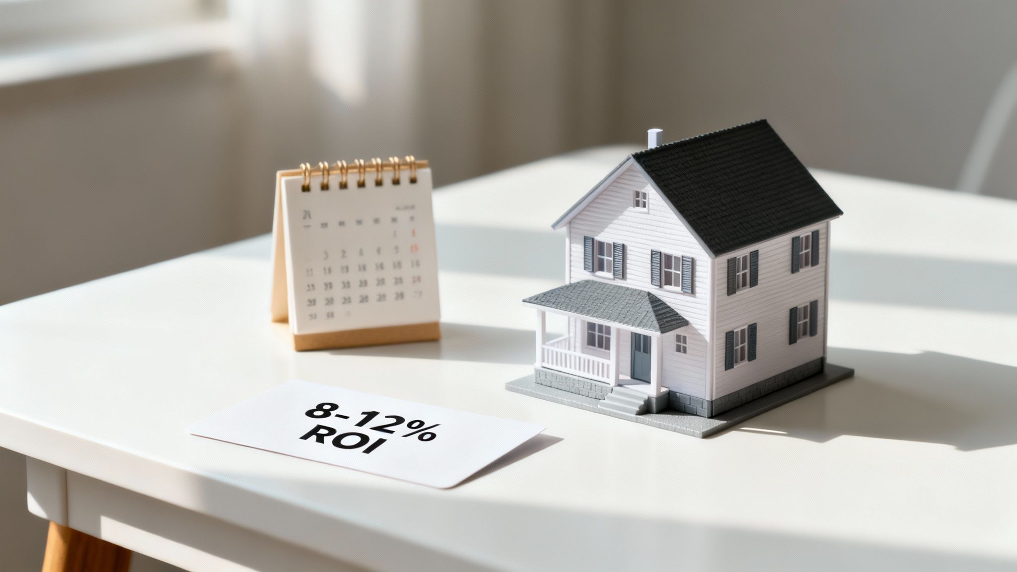 A miniature house model, desk calendar, and a card displaying '8-12% ROI' on a white table.