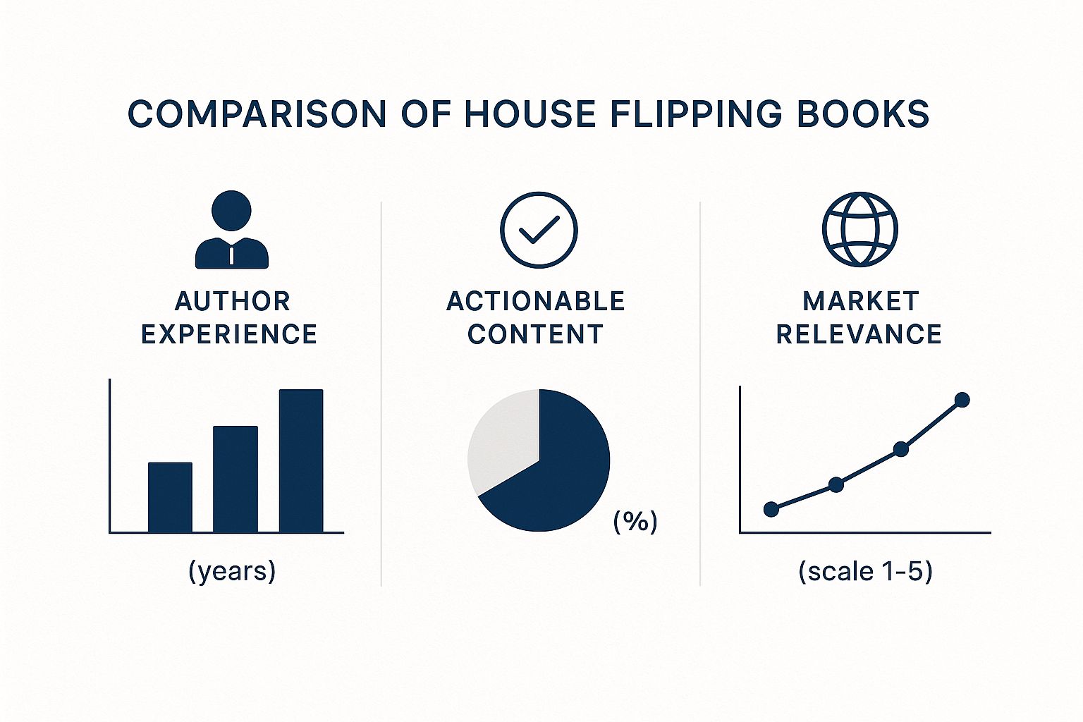Infographic comparing house flipping books by author experience, actionable content, and market relevance.