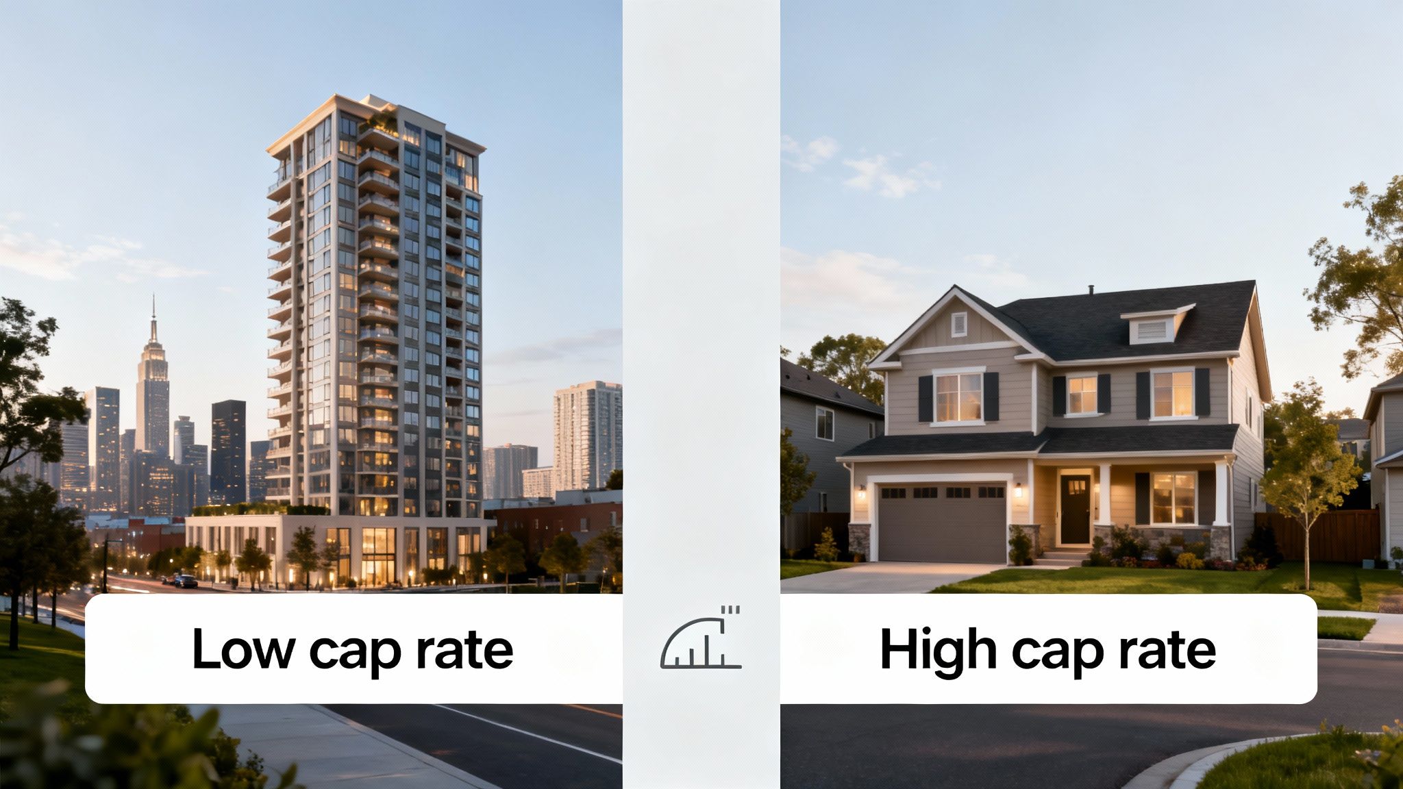 Comparison of a modern city apartment building (low cap rate) and a suburban house (high cap rate).
