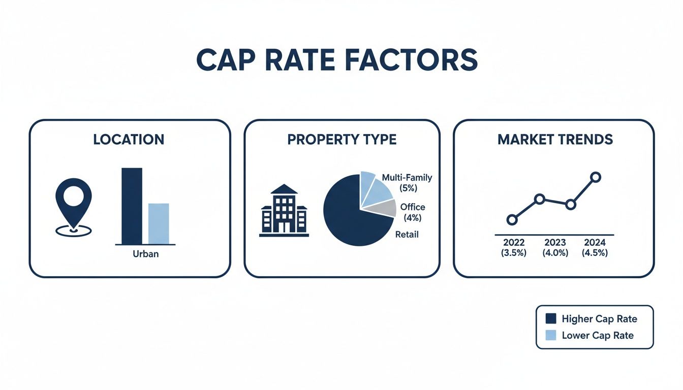 Infographic illustrating cap rate factors including location, property type, and market trends.
